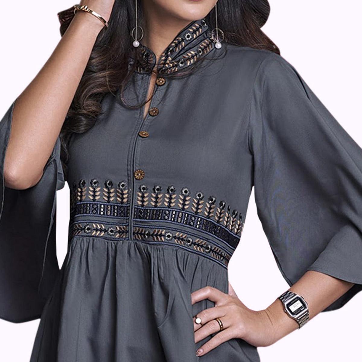 Captivating Dark Gray Colored Partywear Embroidered Rayon Western Top - Peachmode