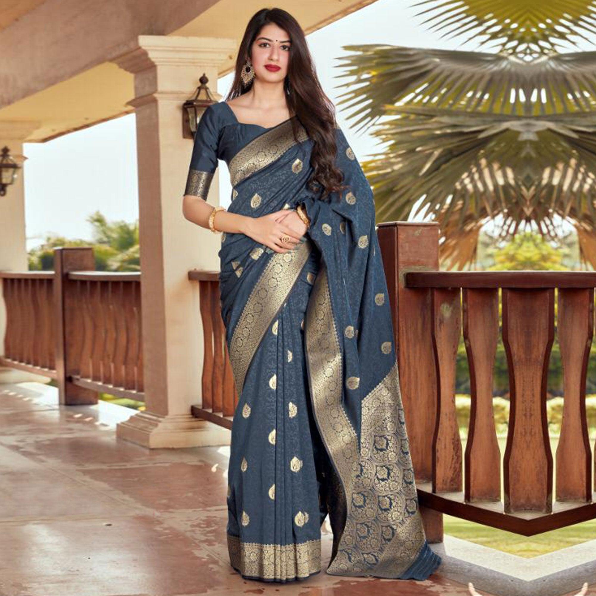 Captivating Dark Grey Coloured Partywear Woven Silk Saree - Peachmode