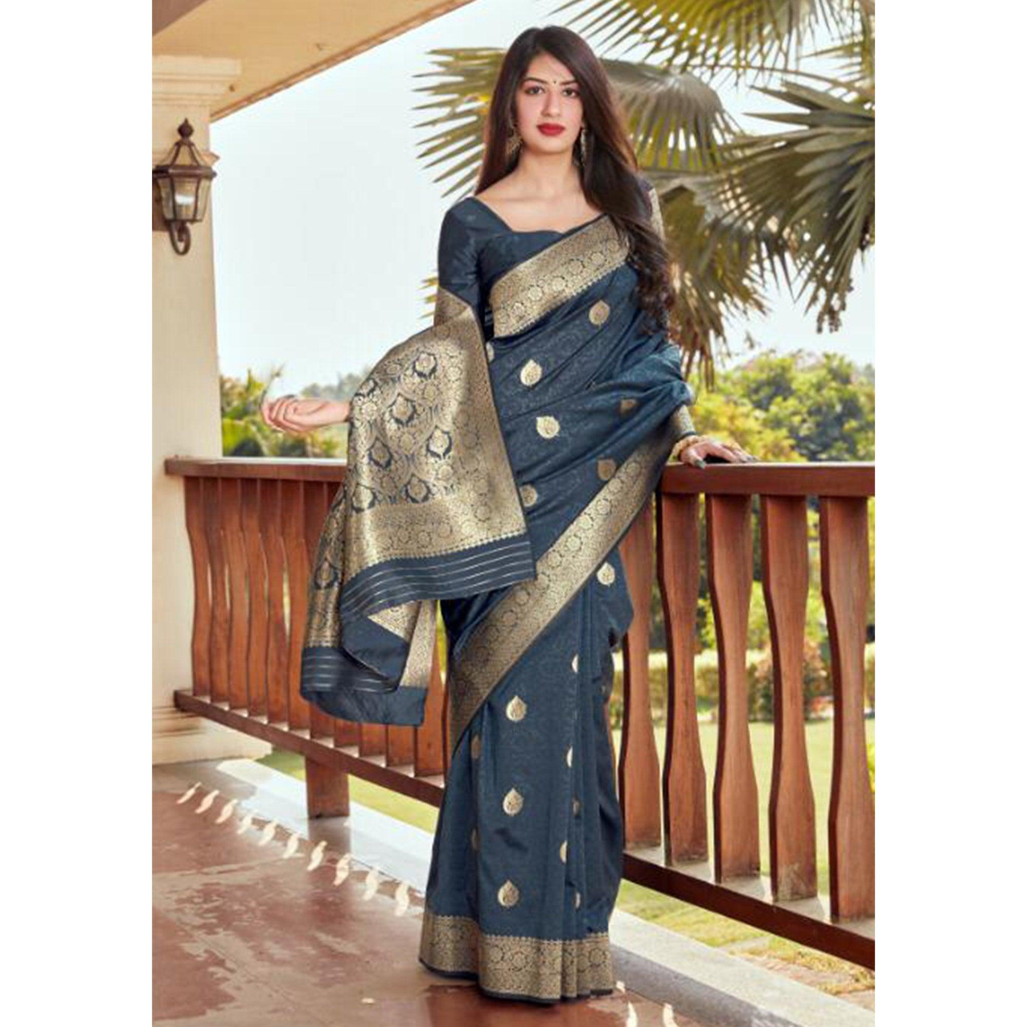Captivating Dark Grey Coloured Partywear Woven Silk Saree - Peachmode