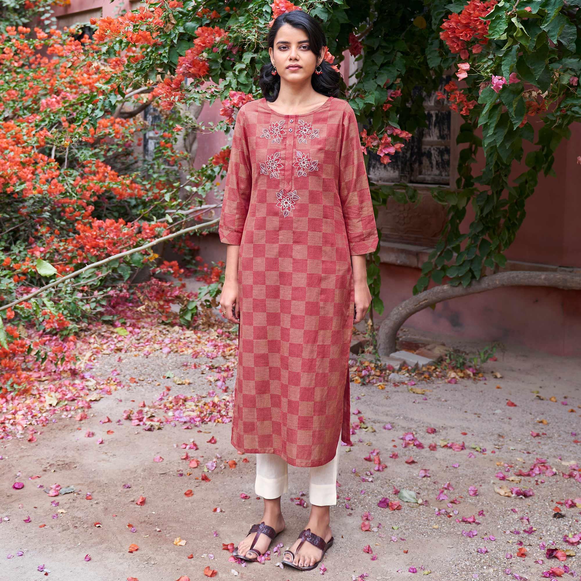 Captivating Dark Peach Colored Casual Wear Embroidered Pure Cotton Kurti - Peachmode