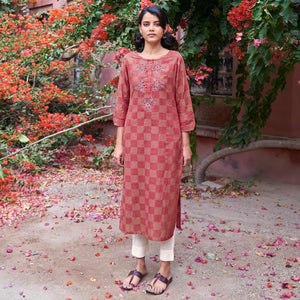 Captivating Dark Peach Colored Casual Wear Embroidered Pure Cotton Kurti - Peachmode