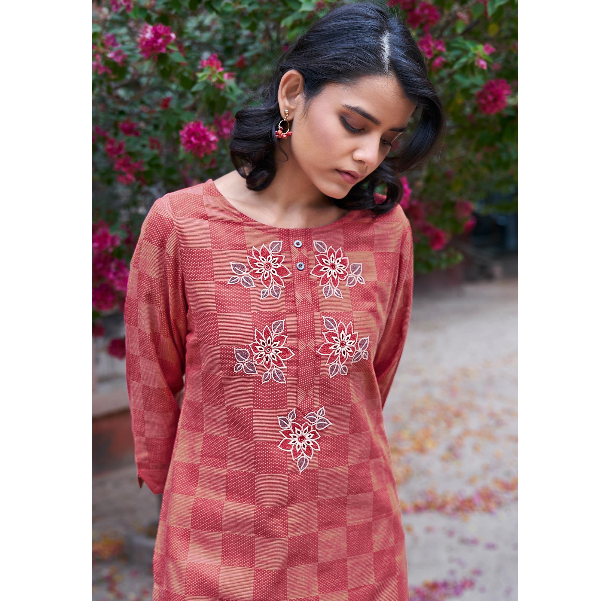 Captivating Dark Peach Colored Casual Wear Embroidered Pure Cotton Kurti - Peachmode