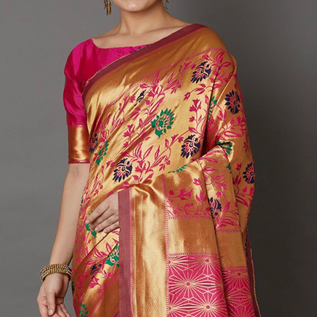 Captivating Golden Colored Festive Wear Woven Silk Saree - Peachmode