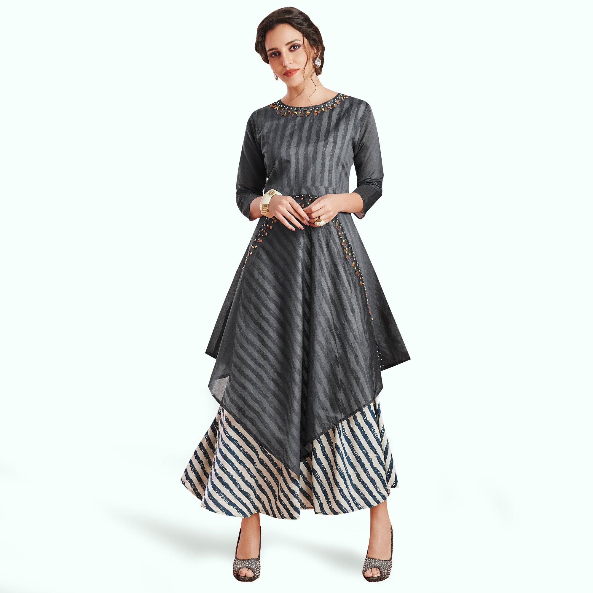 Captivating Gray-Black Colored Partywear Printed Rayon Kurti - Peachmode
