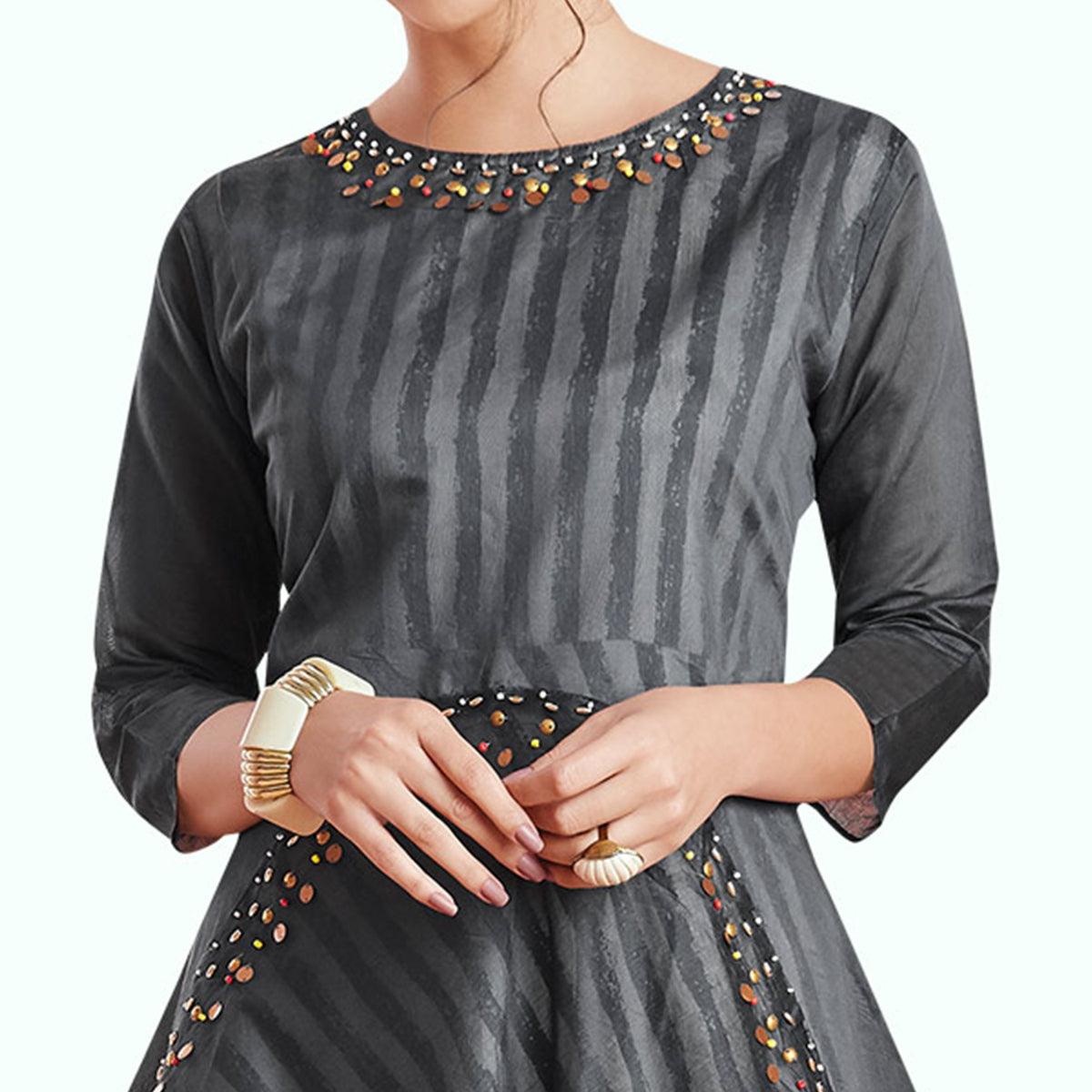 Captivating Gray-Black Colored Partywear Printed Rayon Kurti - Peachmode