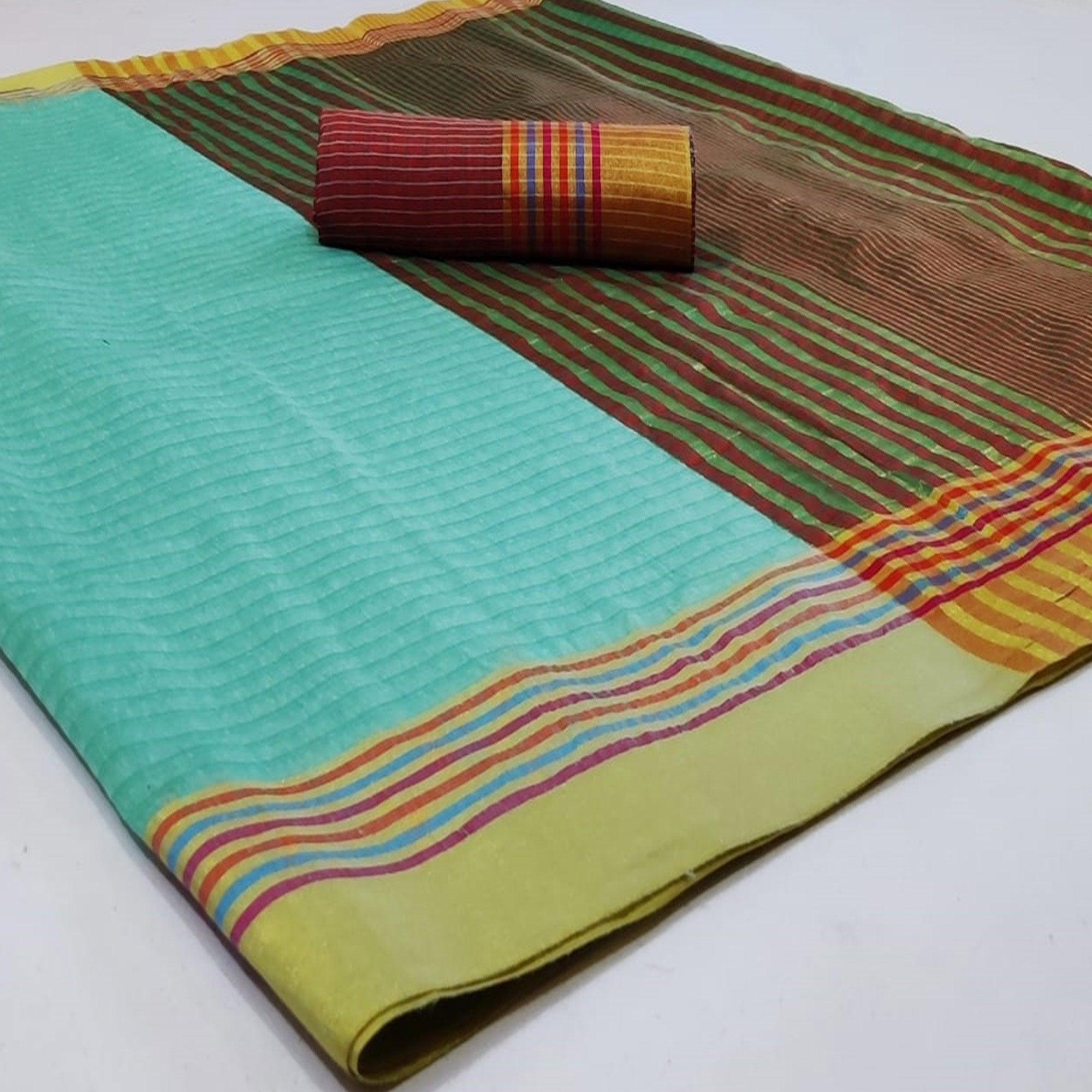 Captivating Green Colored Festive Wear Woven Cotton Saree - Peachmode