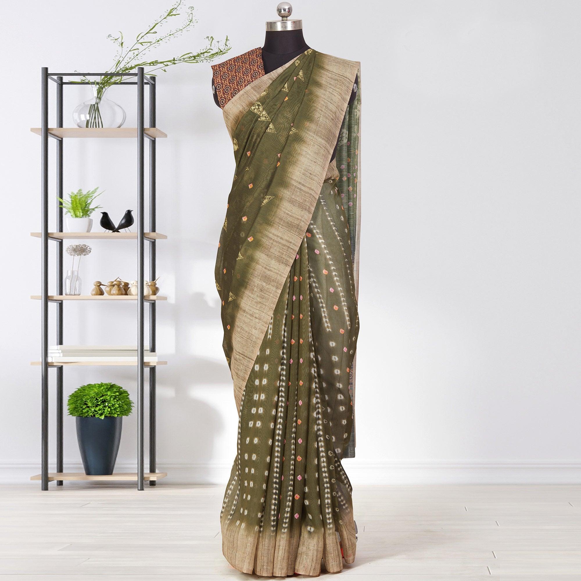 Captivating Green Coloured Casual Wear Printed Linen Saree - Peachmode