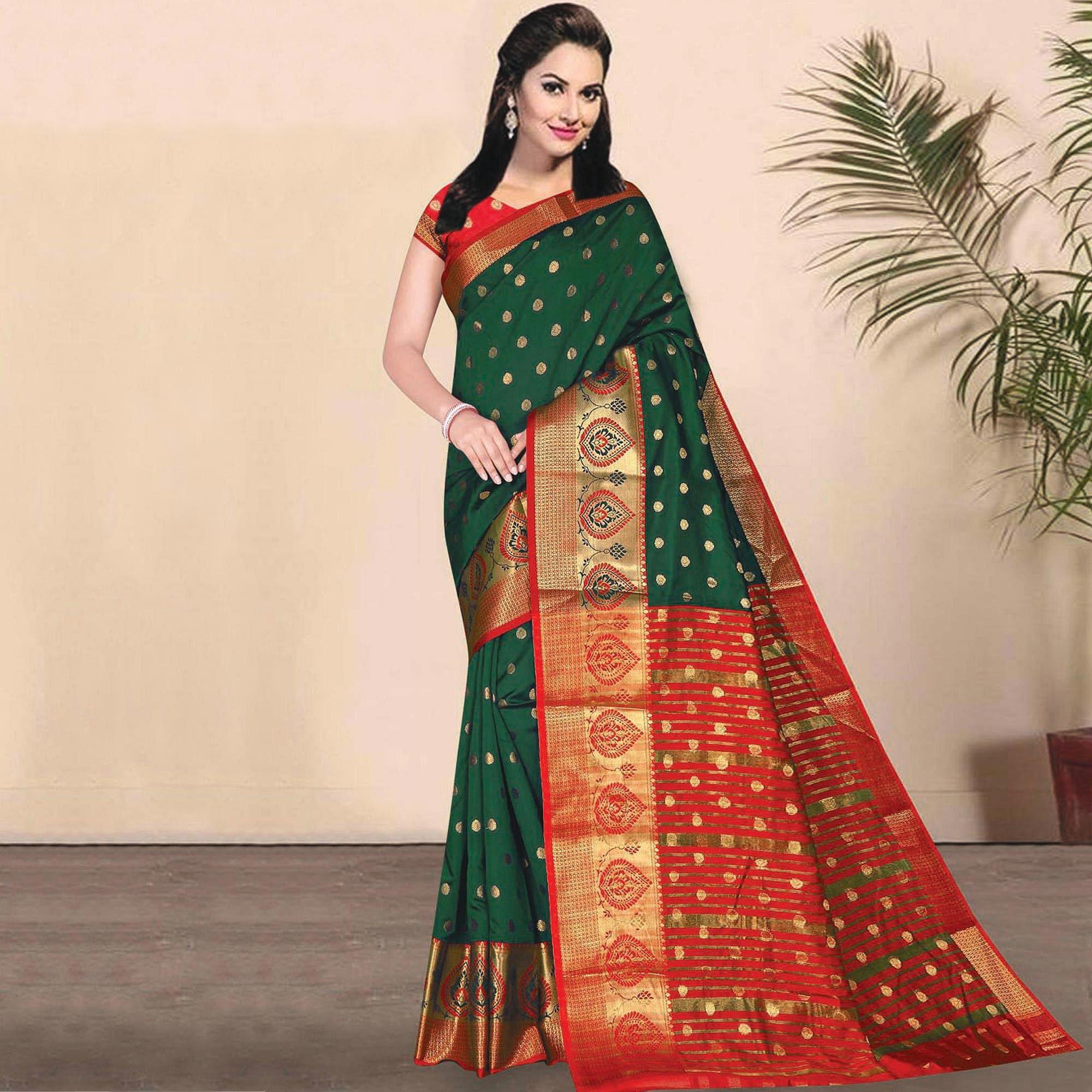 Captivating Green Coloured Festive Wear Woven Kota Litchi Art Silk Saree - Peachmode