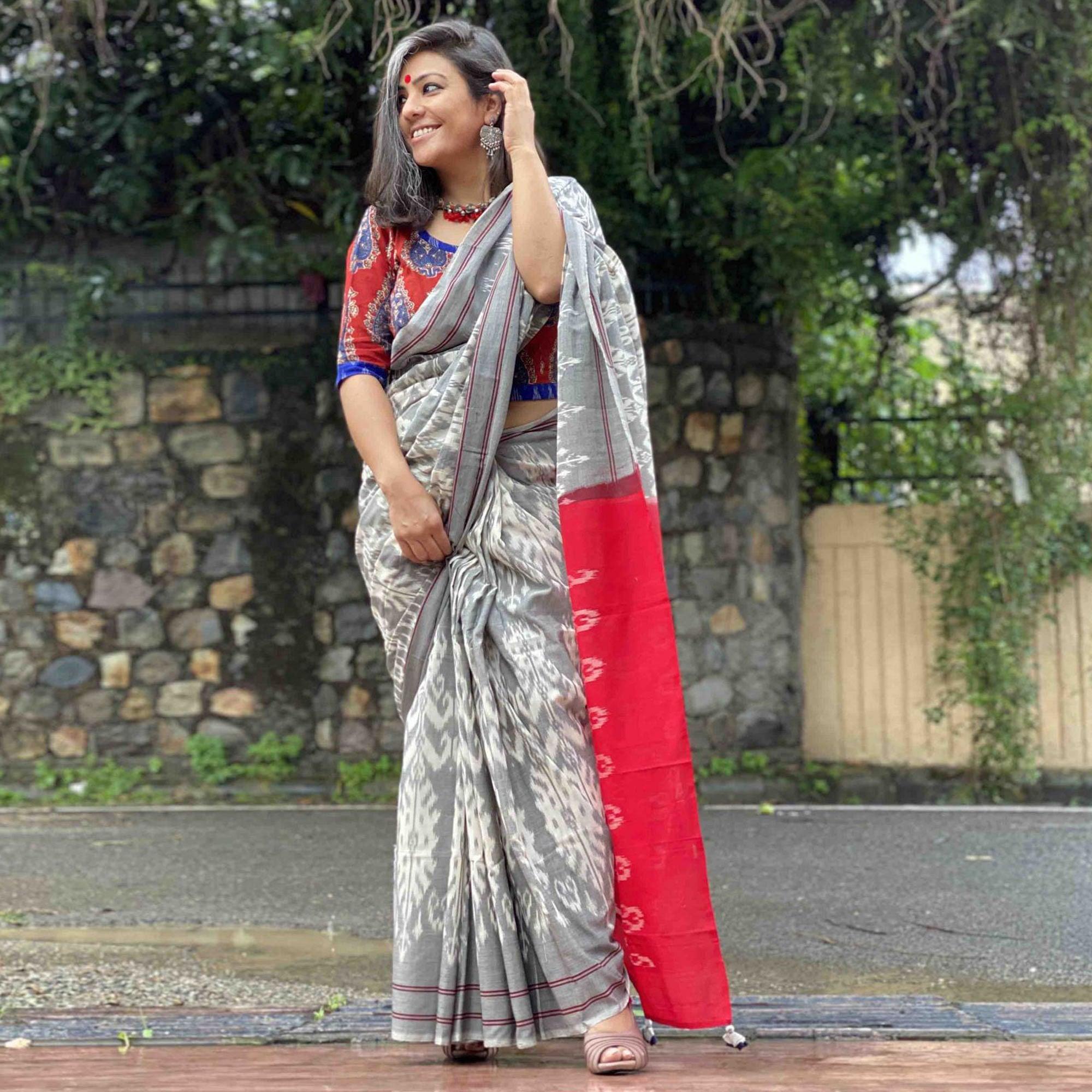 Captivating Grey Colored Casual Wear Printed Silk Saree - Peachmode