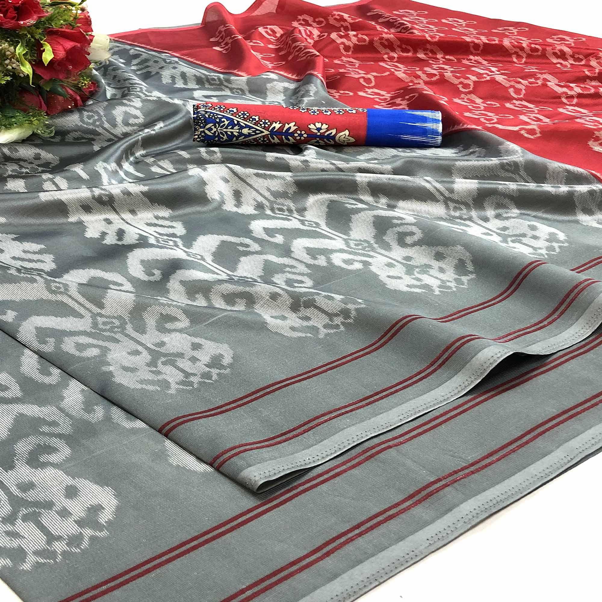 Captivating Grey Colored Casual Wear Printed Silk Saree - Peachmode