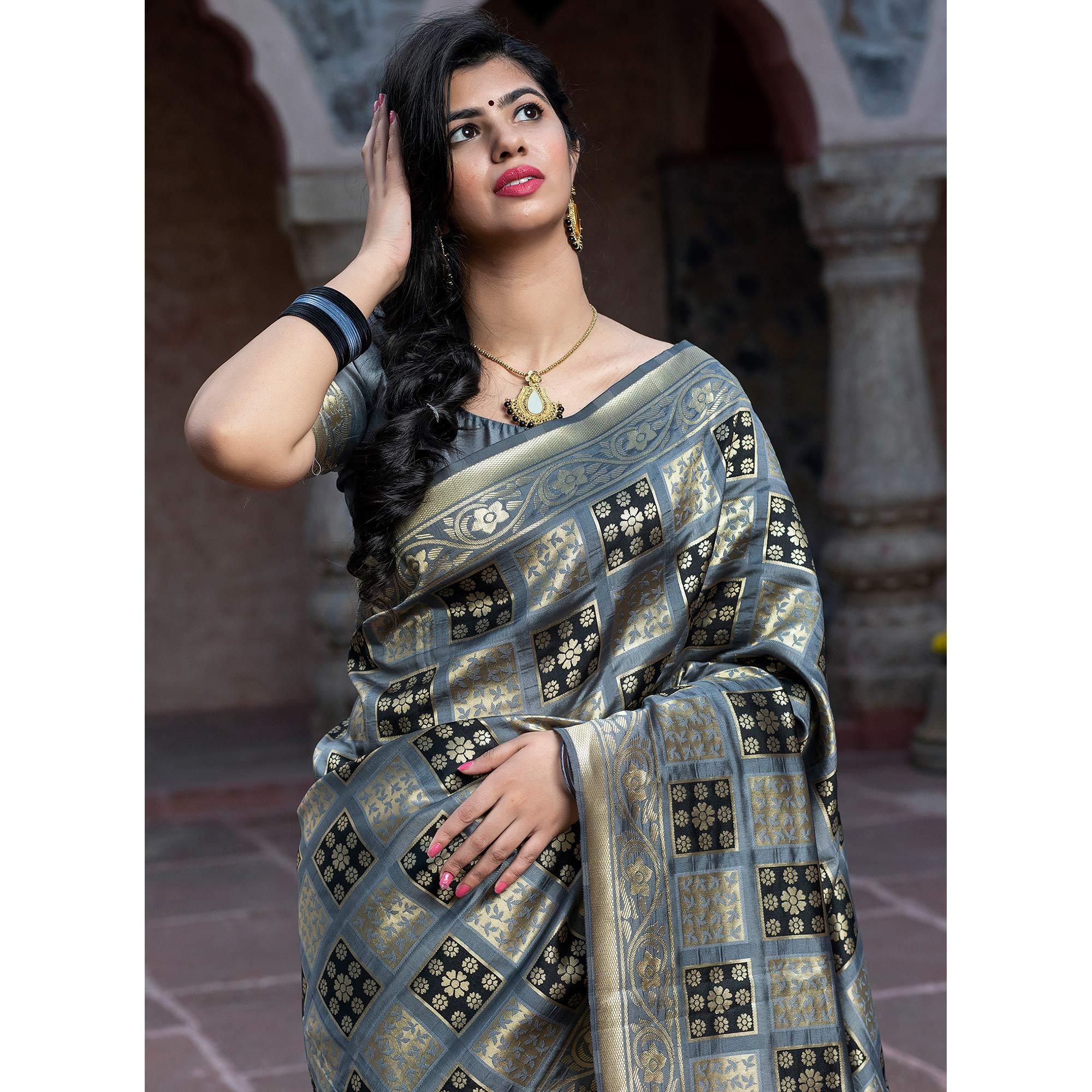 Captivating Grey Colored Festive Wear Woven Banarasi Silk Saree' - Peachmode
