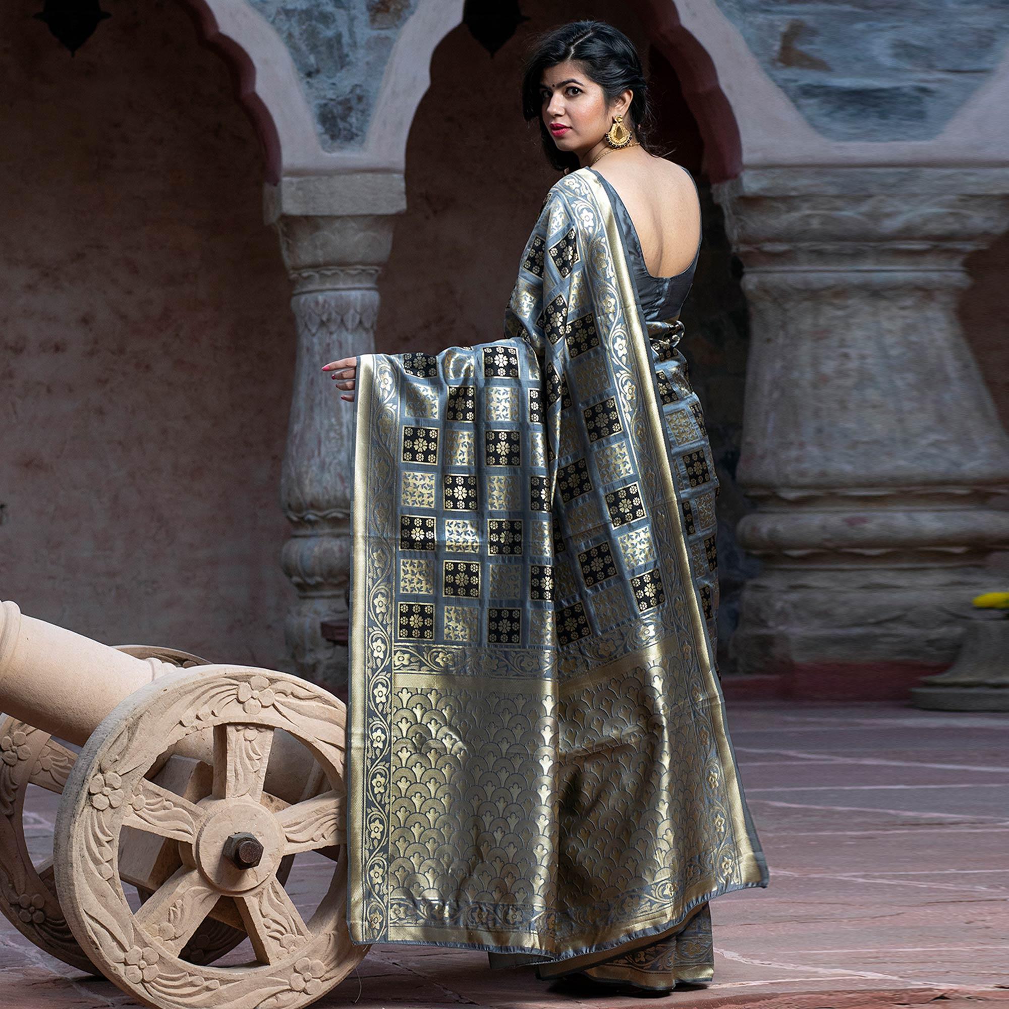 Captivating Grey Colored Festive Wear Woven Banarasi Silk Saree' - Peachmode