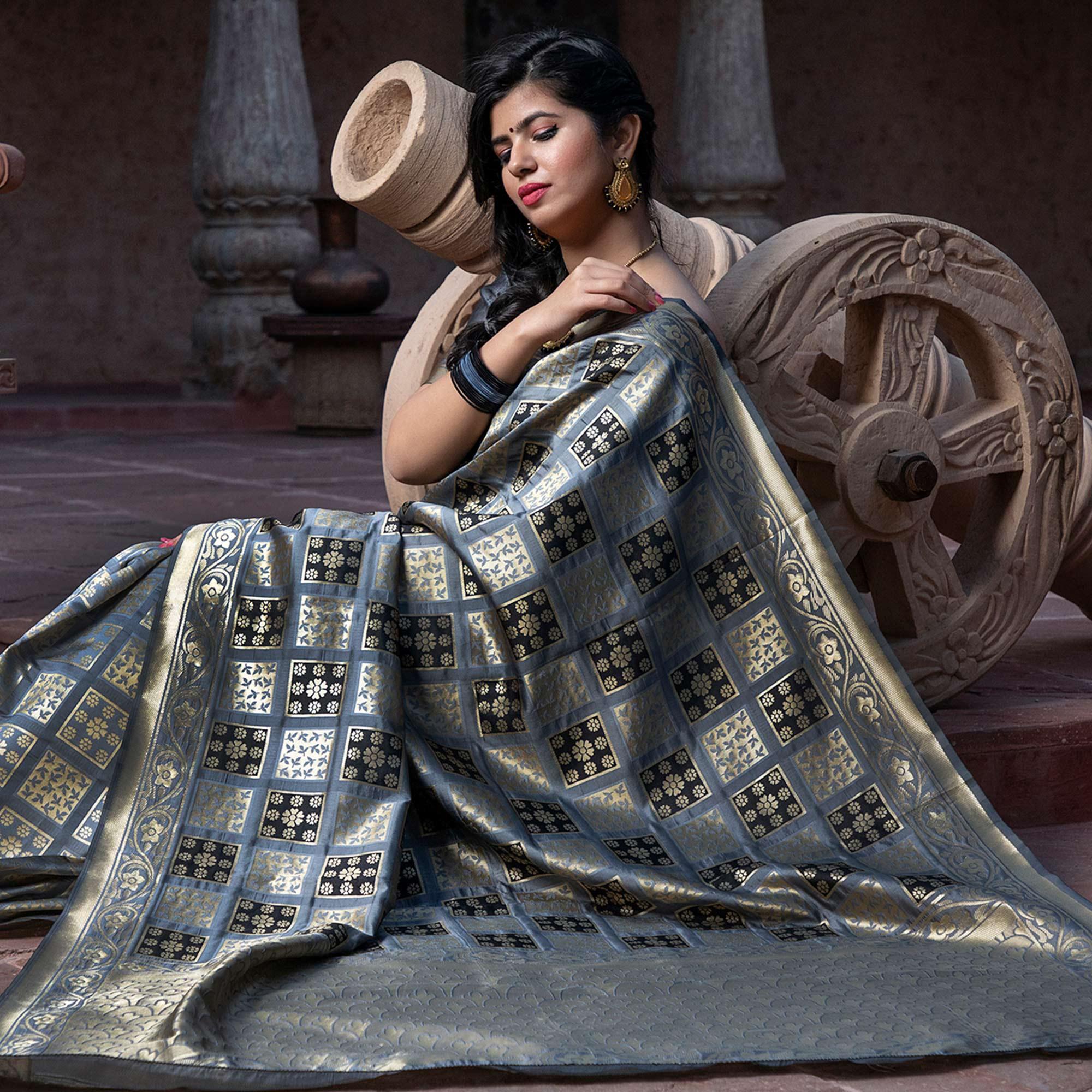 Captivating Grey Colored Festive Wear Woven Banarasi Silk Saree' - Peachmode