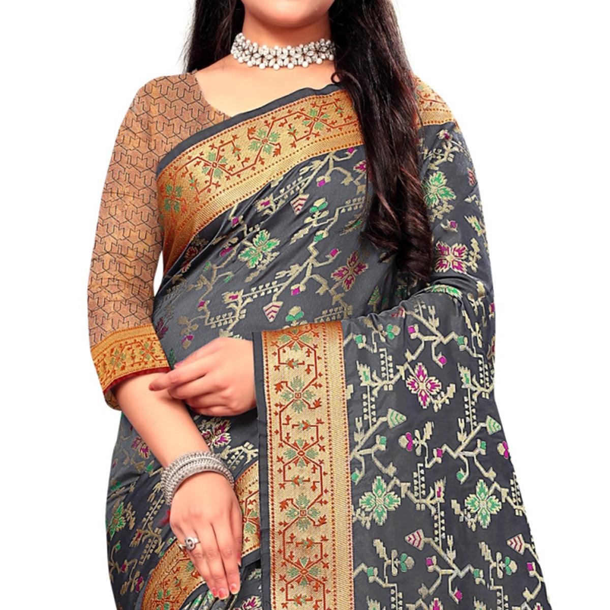 Captivating Grey Colored Festive Wear Woven Silk Saree - Peachmode