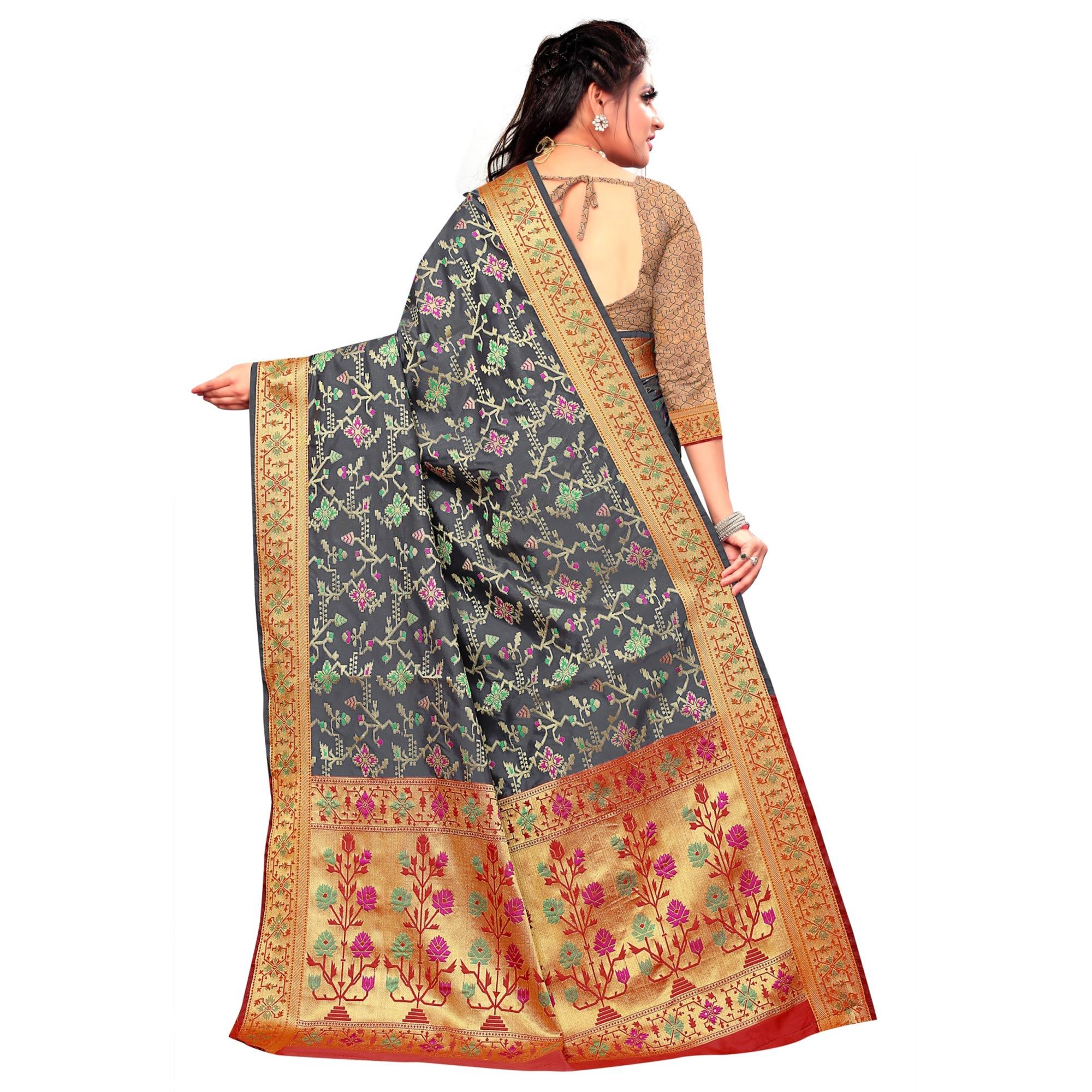 Captivating Grey Colored Festive Wear Woven Silk Saree - Peachmode