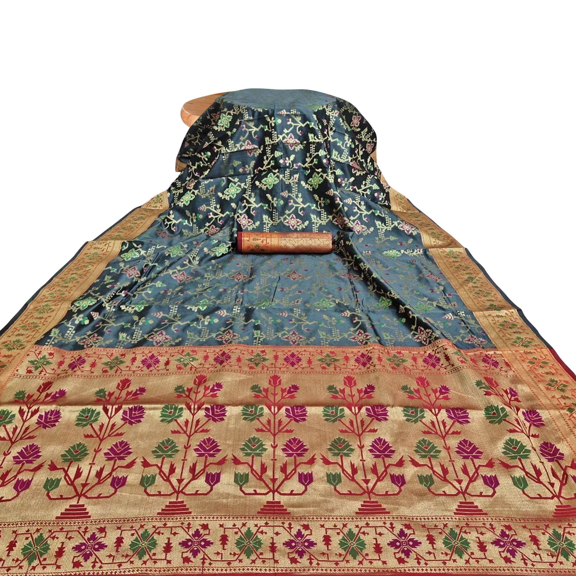 Captivating Grey Colored Festive Wear Woven Silk Saree - Peachmode