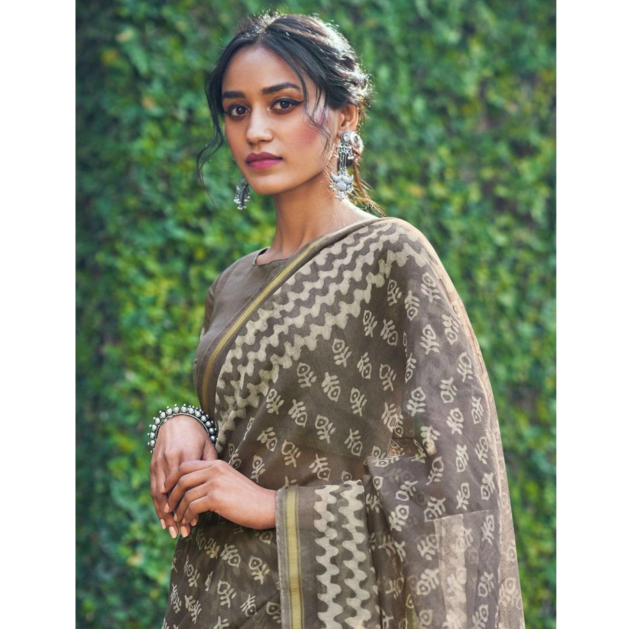 Captivating Grey Colored Party Wear Handloom Zari Border Cotton Linen Saree - Peachmode