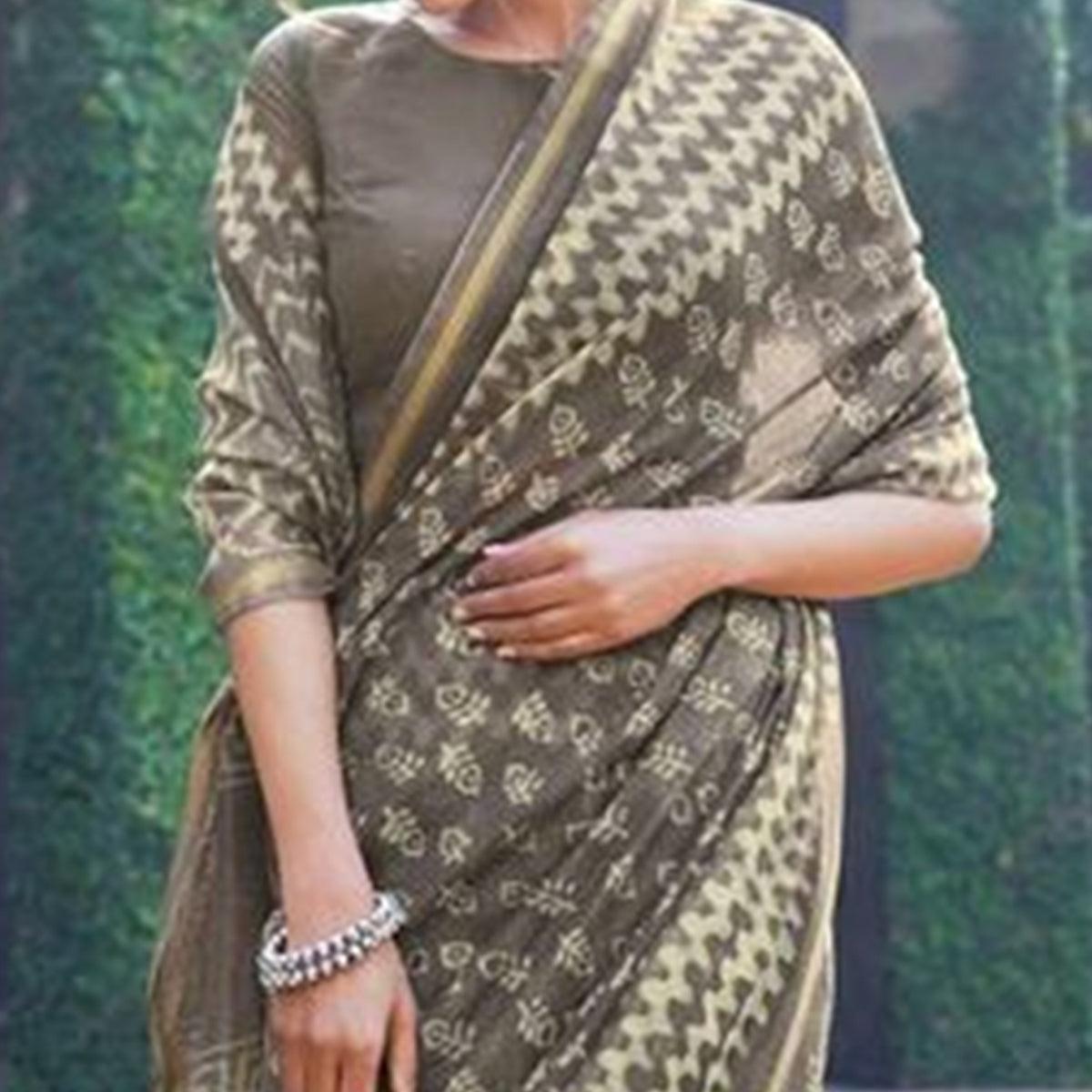 Captivating Grey Colored Party Wear Handloom Zari Border Cotton Linen Saree - Peachmode