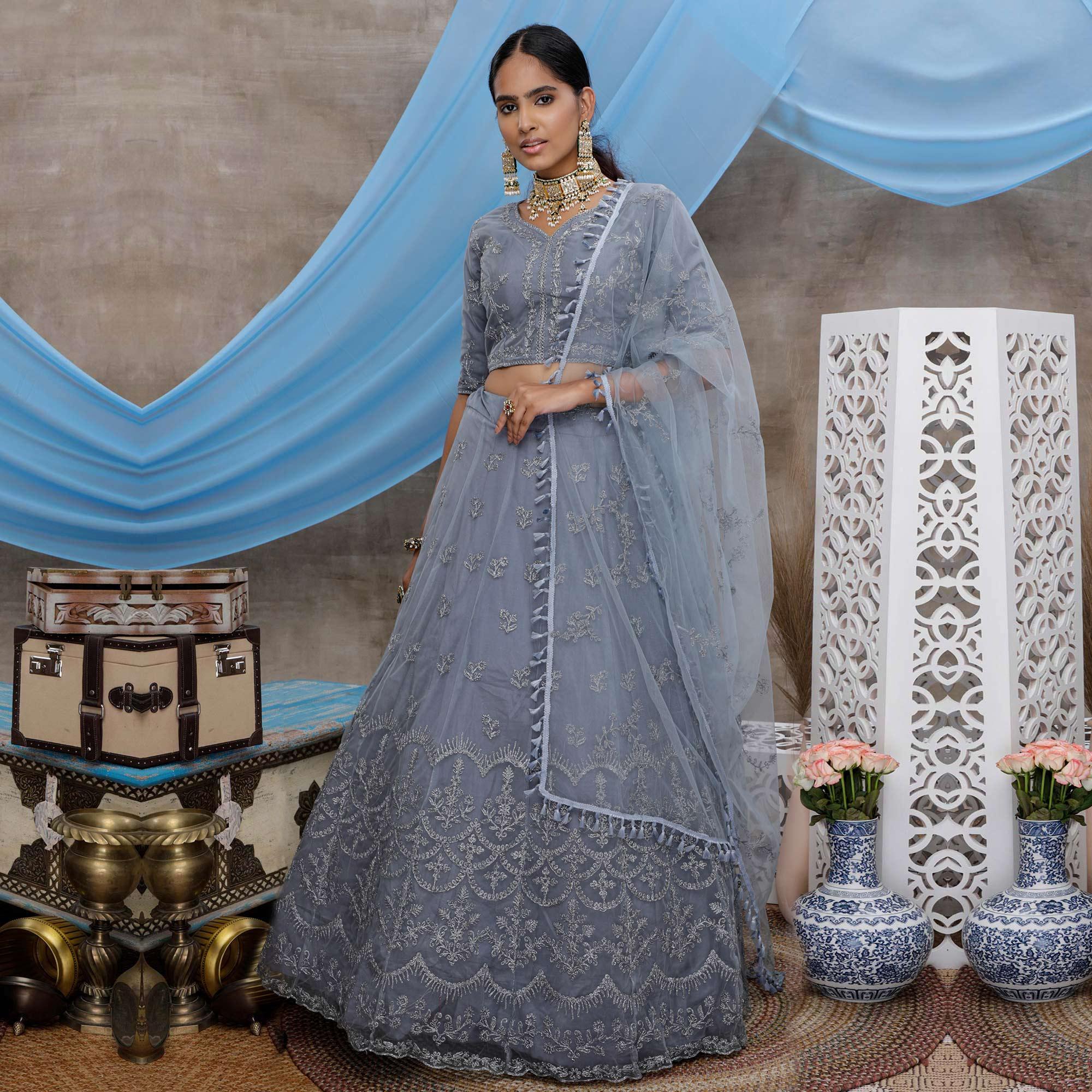 Captivating Grey Colored Party Wear Heavy Embroidered Net Lehenga Choli - Peachmode