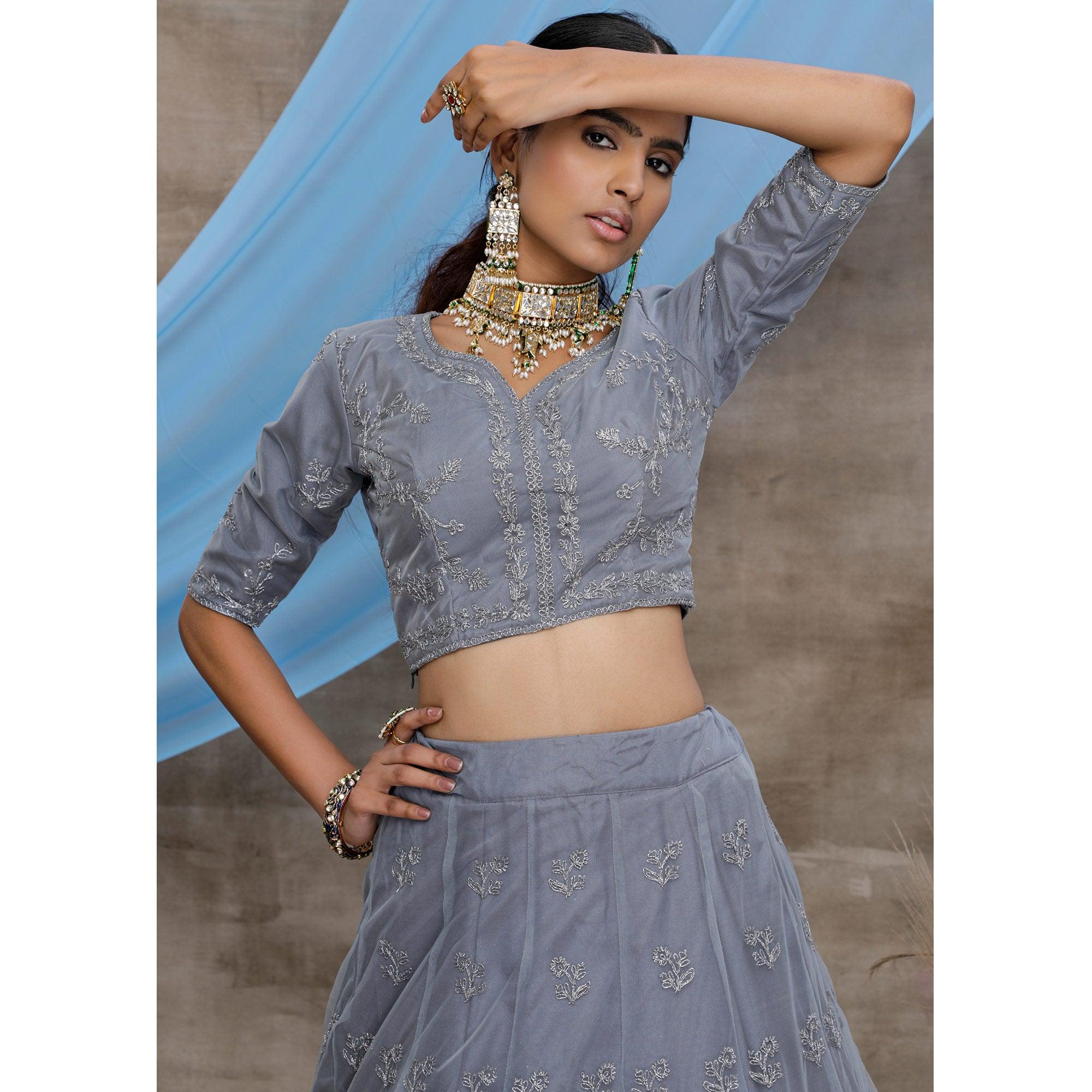 Captivating Grey Colored Party Wear Heavy Embroidered Net Lehenga Choli - Peachmode