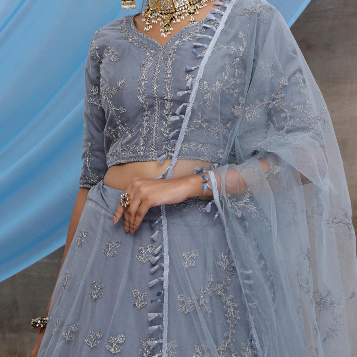 Captivating Grey Colored Party Wear Heavy Embroidered Net Lehenga Choli - Peachmode