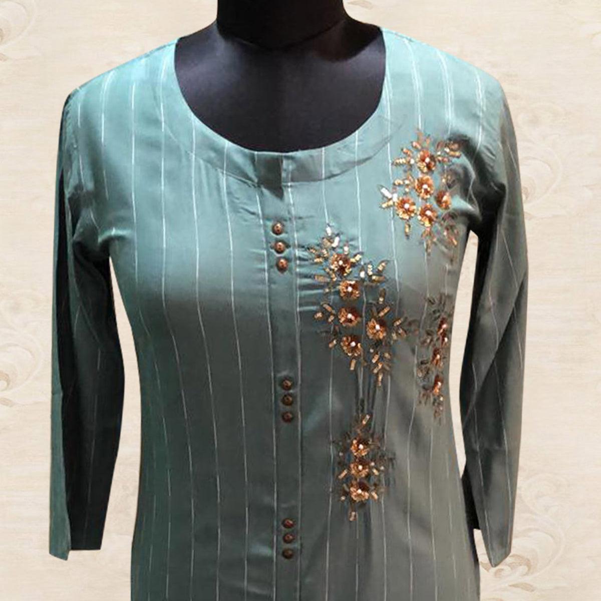 Captivating Grey Colored Partywear Floral Handwork Cotton Kurti - Peachmode