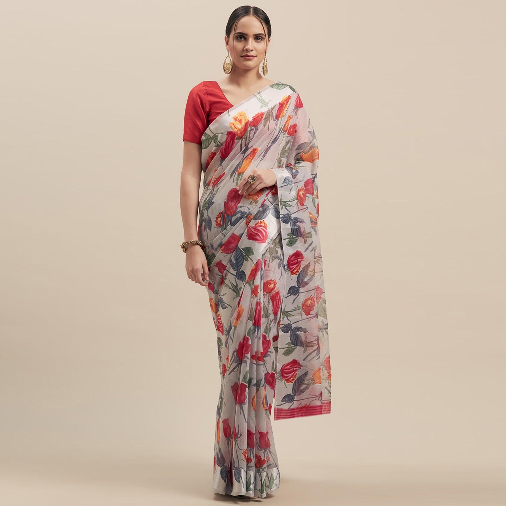 Captivating Grey-Pink Colored Casual Wear Floral Printed Linen Saree - Peachmode