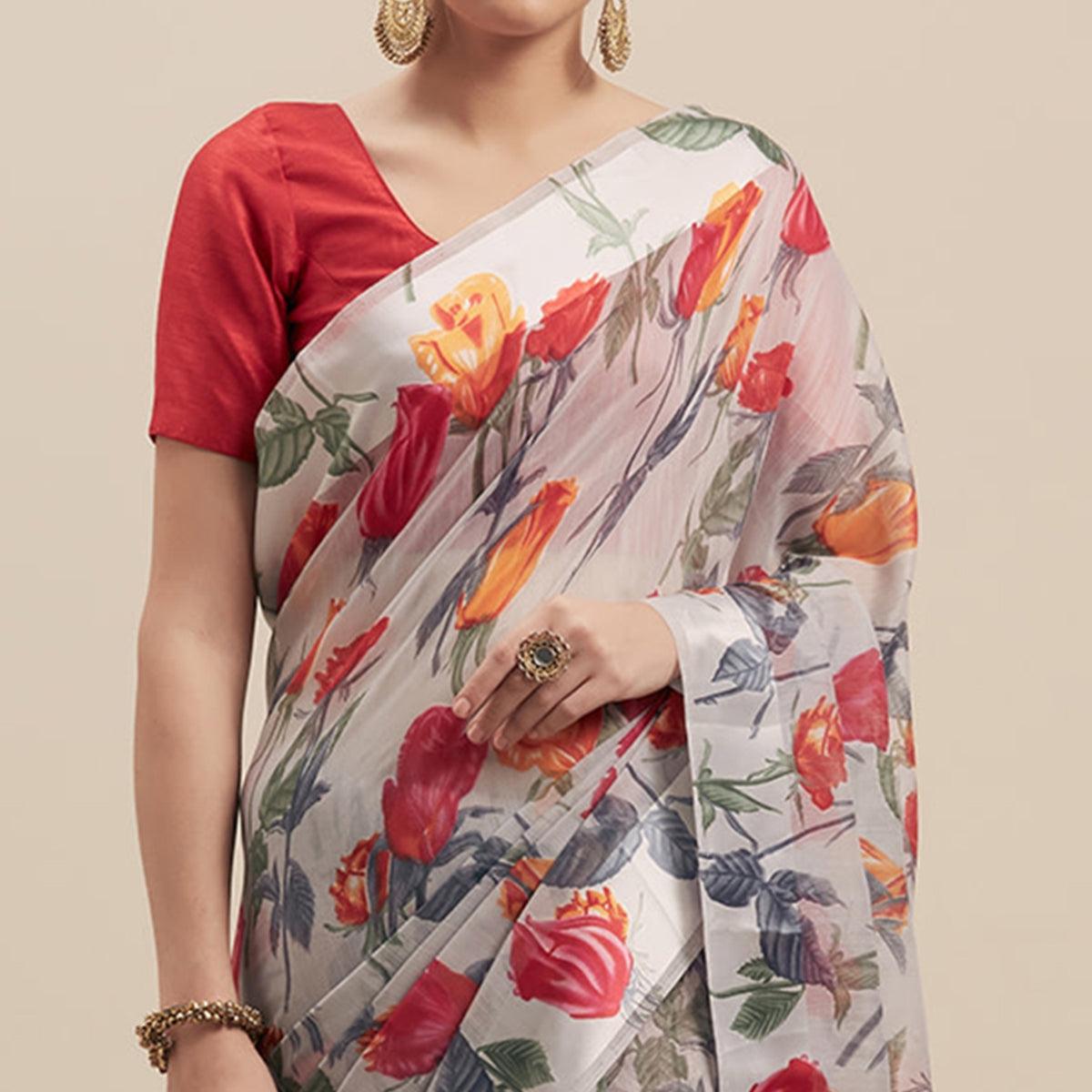 Captivating Grey-Pink Colored Casual Wear Floral Printed Linen Saree - Peachmode