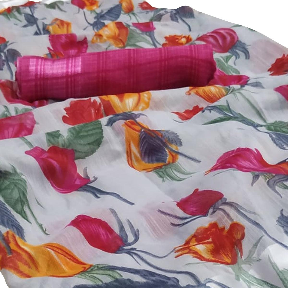 Captivating Grey-Pink Colored Casual Wear Floral Printed Linen Saree - Peachmode