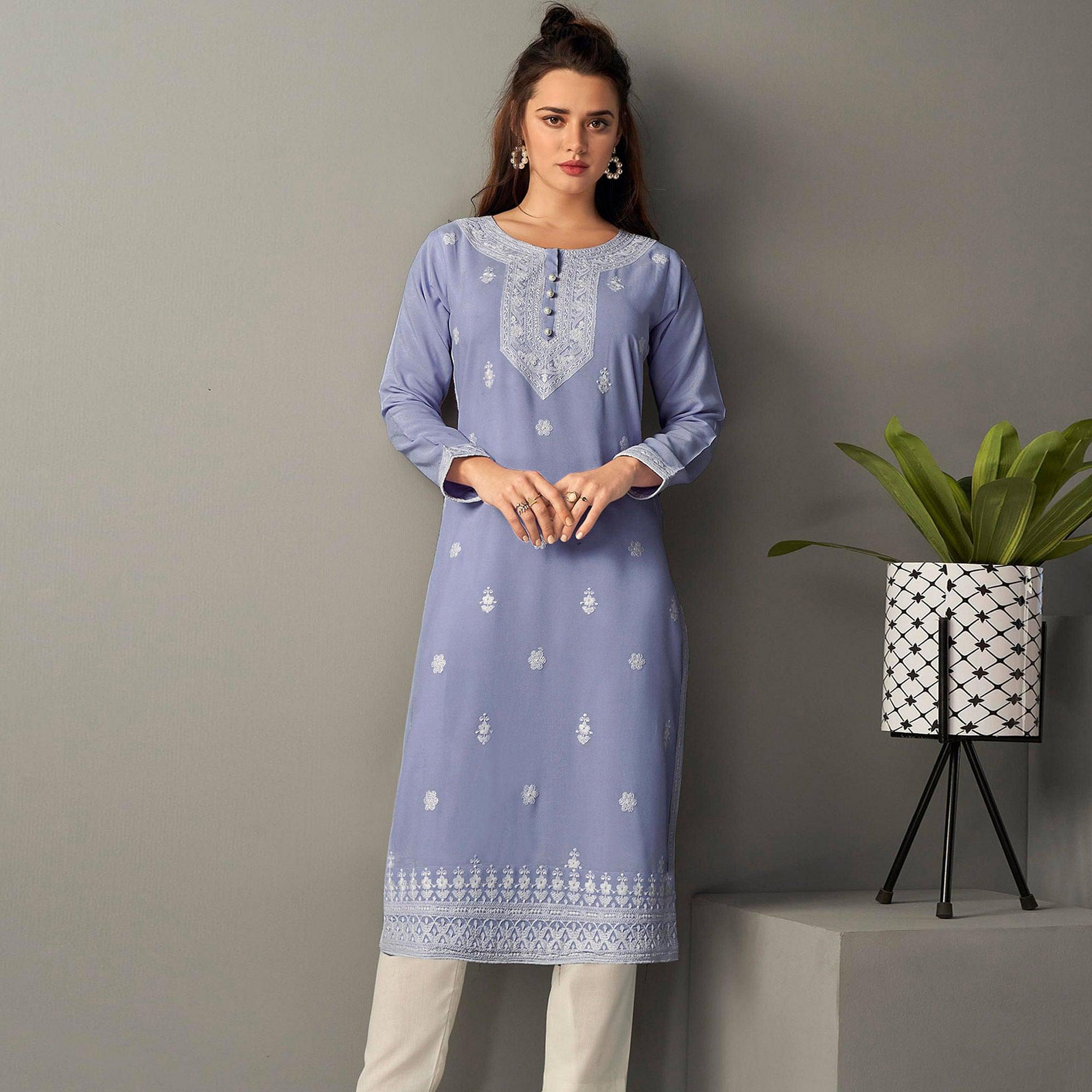 Captivating Lavendar Colored Casual Wear Embroidered Pure Rayon Viscose Kurti - Peachmode
