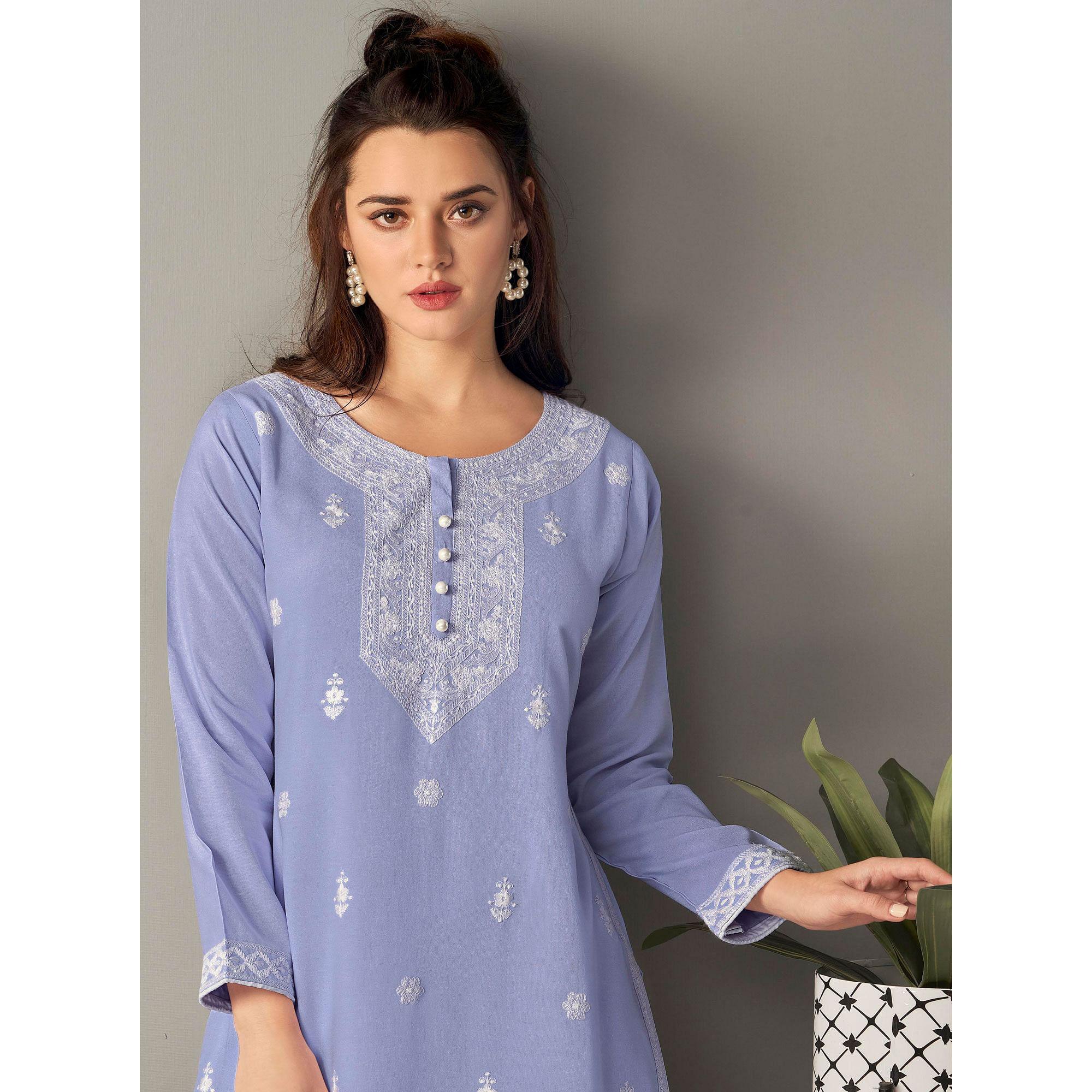Captivating Lavendar Colored Casual Wear Embroidered Pure Rayon Viscose Kurti - Peachmode