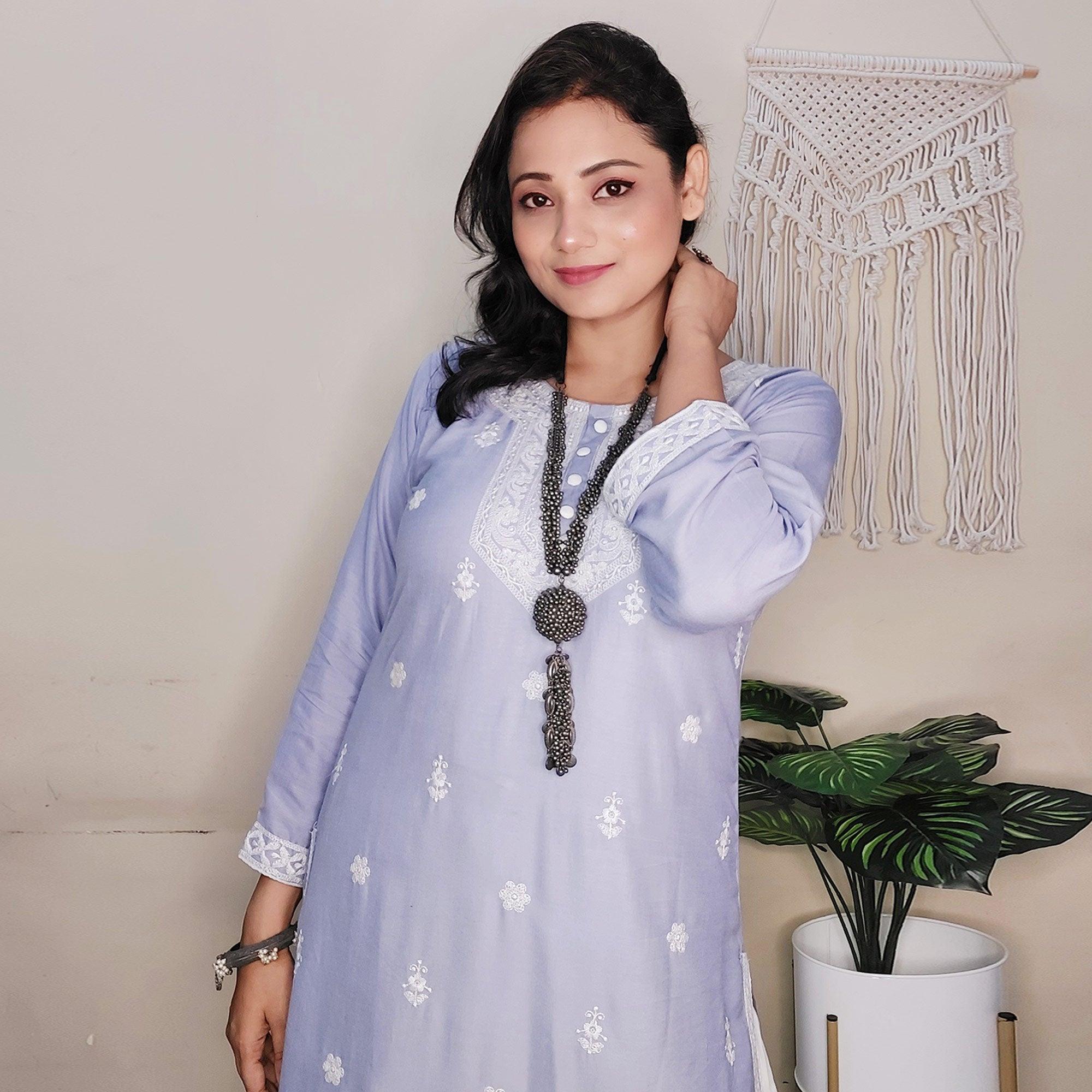 Captivating Lavendar Colored Casual Wear Embroidered Pure Rayon Viscose Kurti - Peachmode