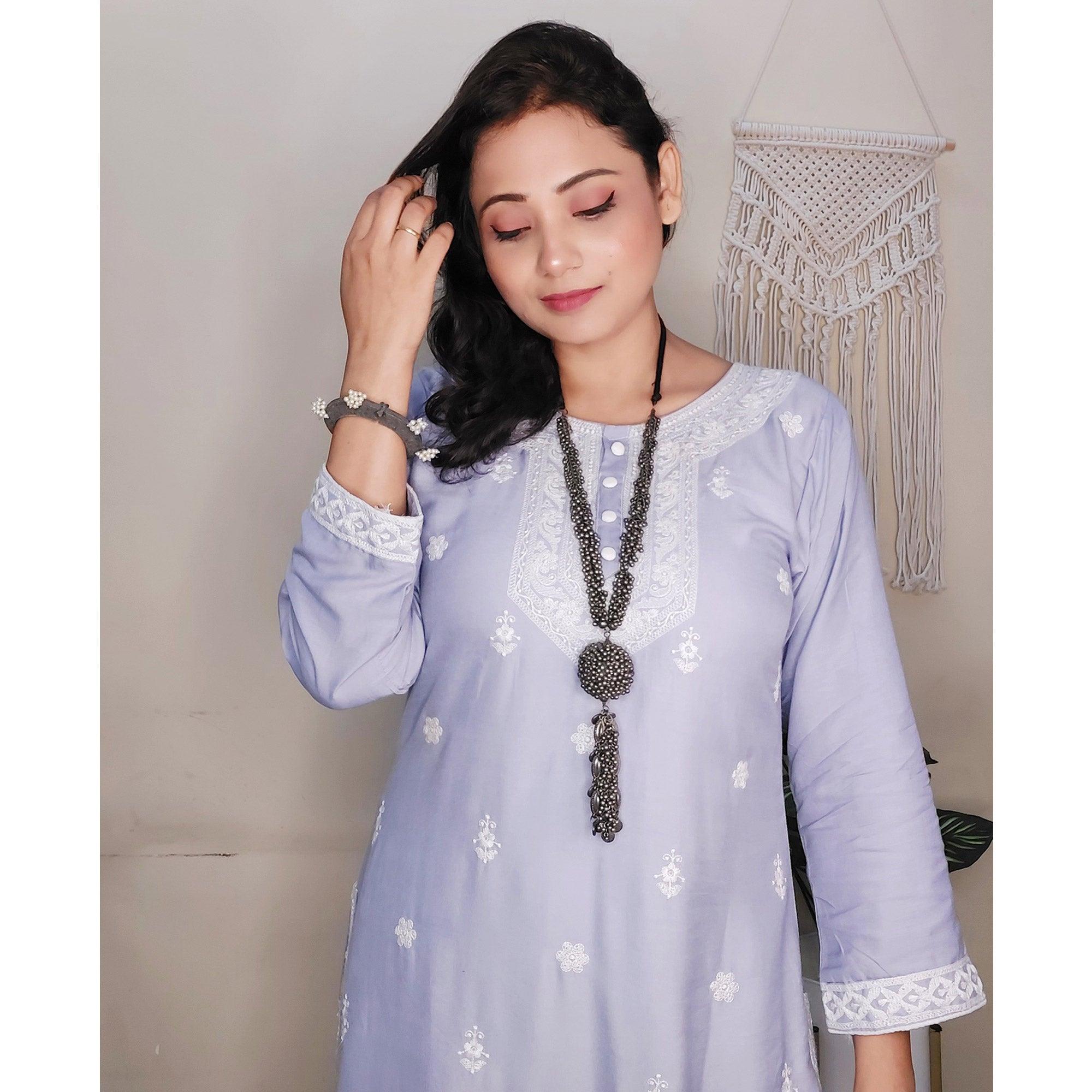 Captivating Lavendar Colored Casual Wear Embroidered Pure Rayon Viscose Kurti - Peachmode