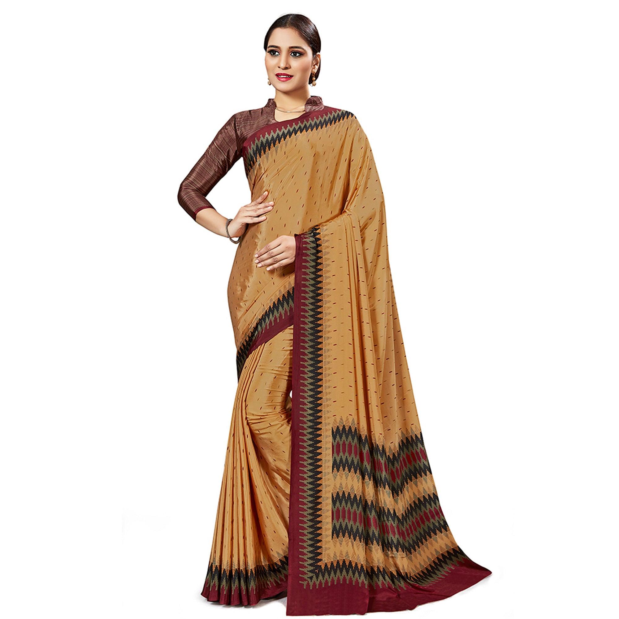 Captivating Light Orange Colored Casual Wear Printed Crepe Saree - Peachmode