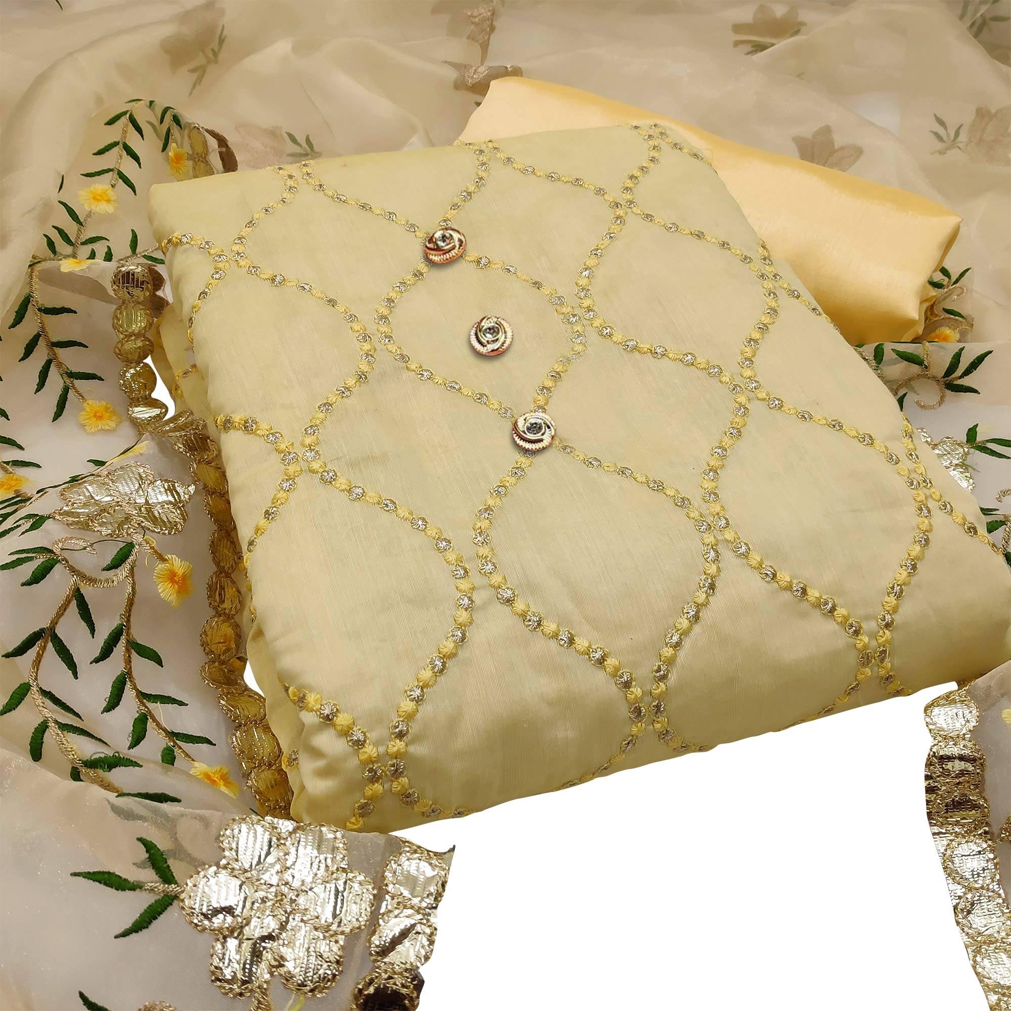 Captivating Light Yellow Colored Casual Embroidered Chanderi Dress Material - Peachmode
