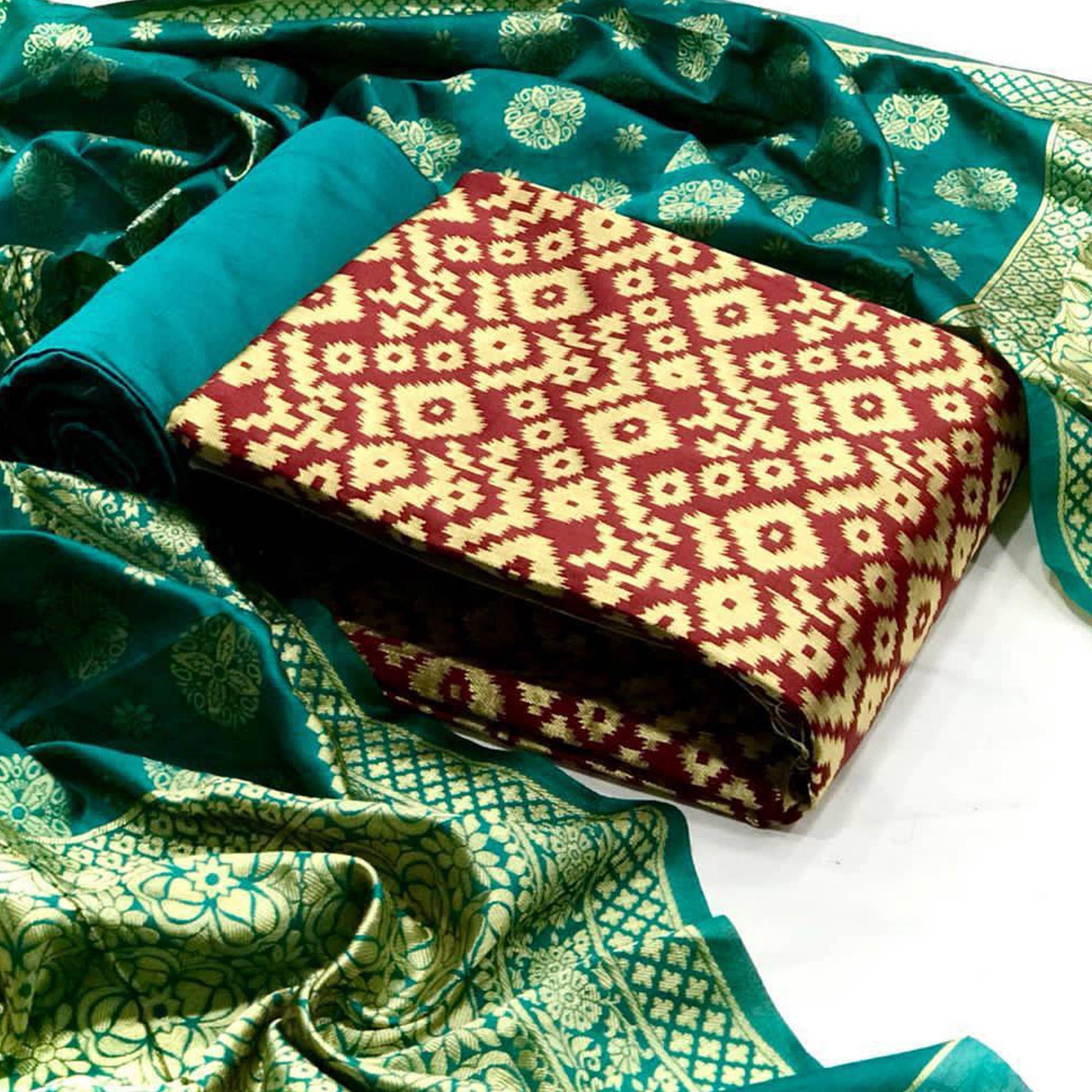 Captivating Maroon Colored Casual Wear Banarasi Silk Dress Material - Peachmode
