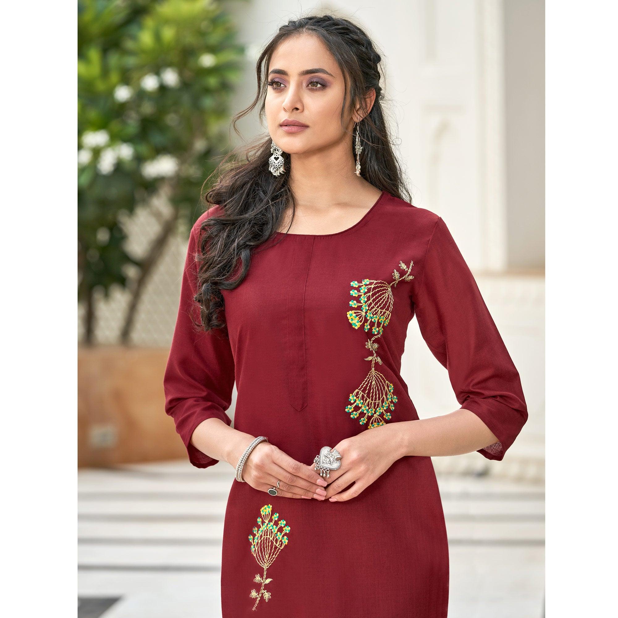 Captivating Maroon Colored Partywear Embroidered Cotton Slub Kurti Palazzo Set - Peachmode