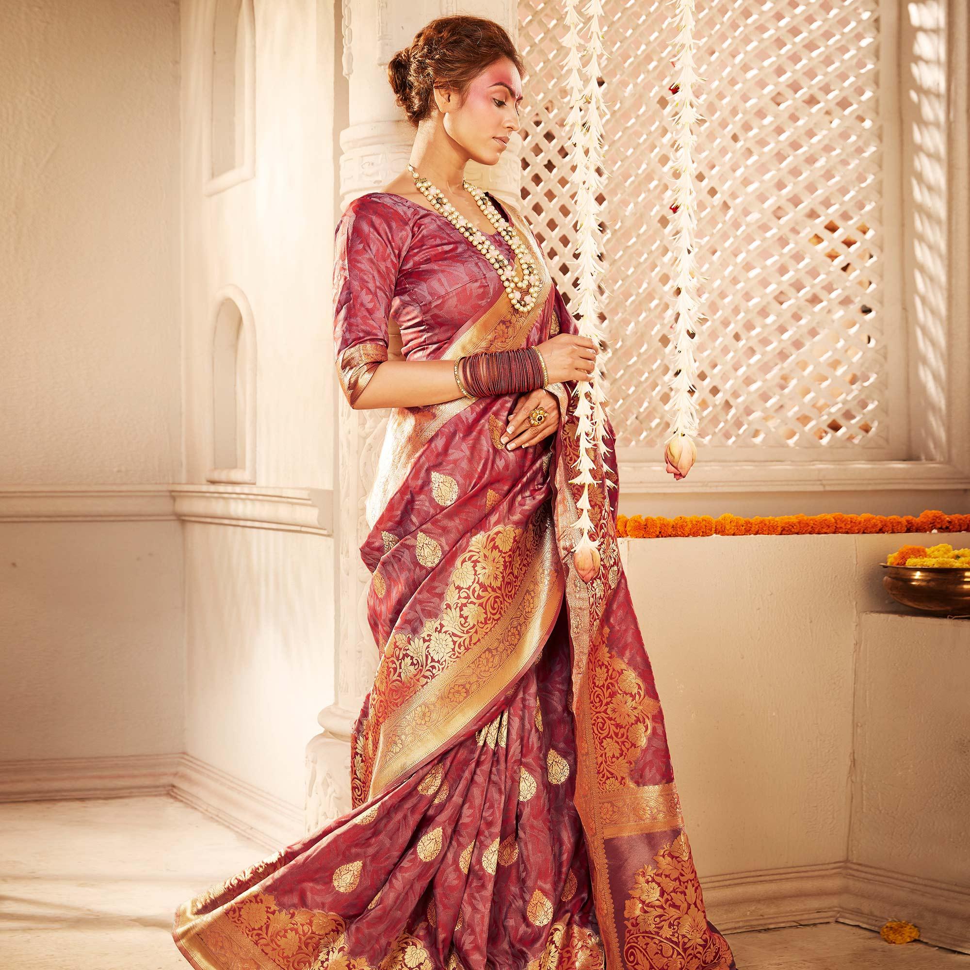 Captivating Mauve Colored Festive Wear Woven Banarasi Silk Saree - Peachmode