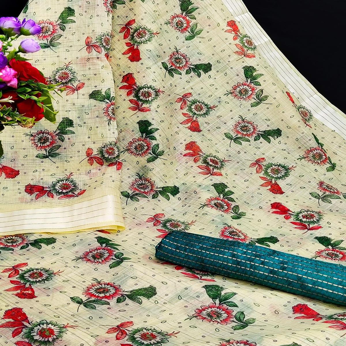 Captivating Mustard Coloured Floral Print Casual Wear Striped Pattern Cotton Saree - Peachmode