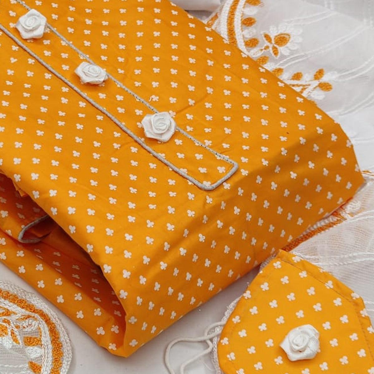 Captivating Mustard Yellow Colored Casual Wear Printed Cotton Dress Material - Peachmode