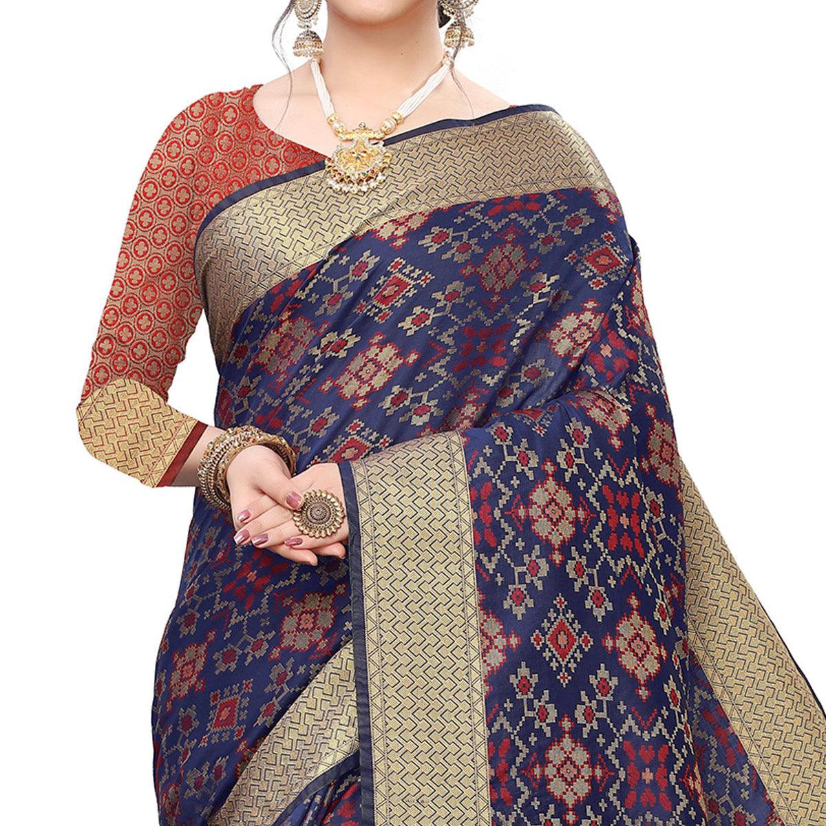 Captivating Navy Blue Colored Festive Wear Woven Kanjivaram Silk Saree - Peachmode
