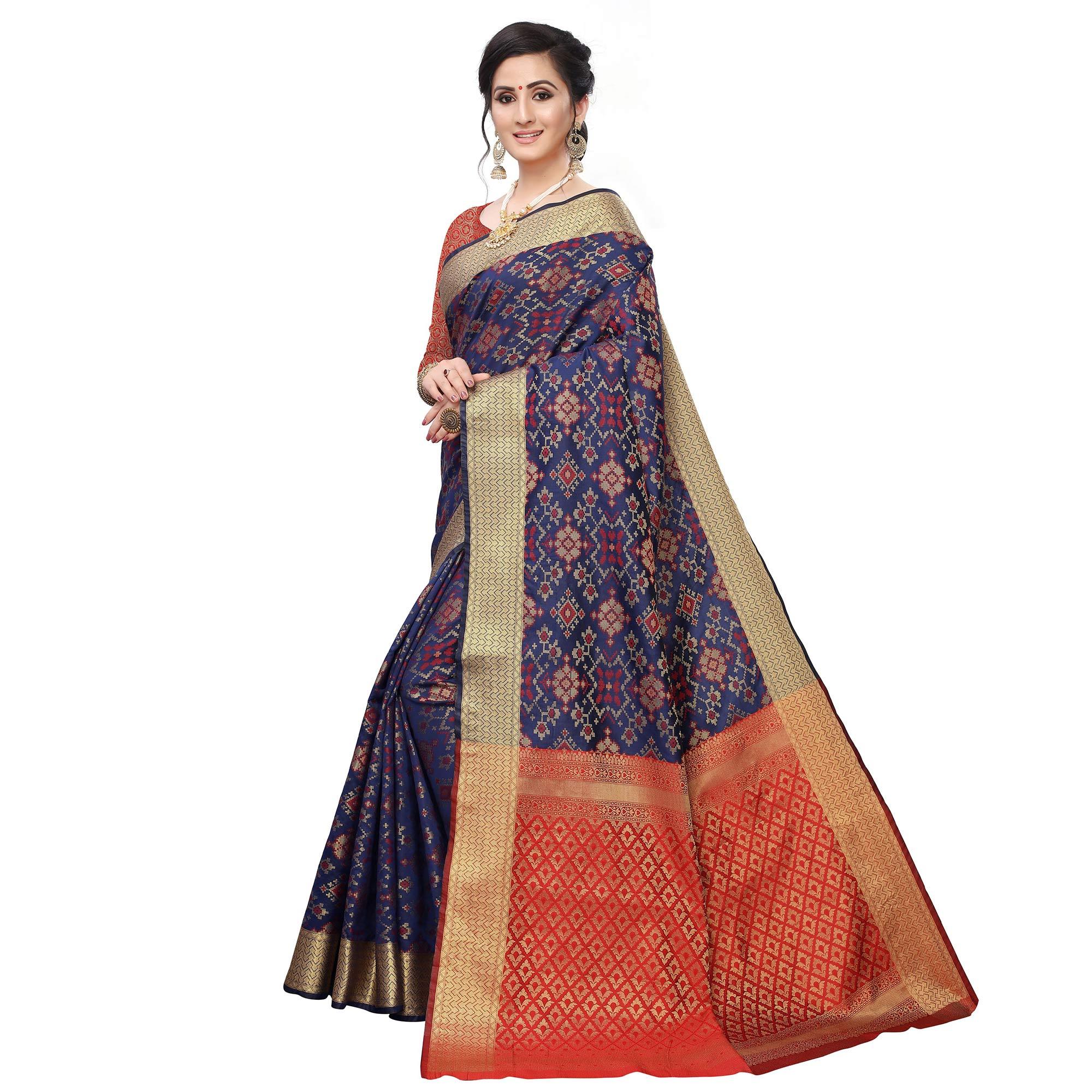 Captivating Navy Blue Colored Festive Wear Woven Kanjivaram Silk Saree - Peachmode