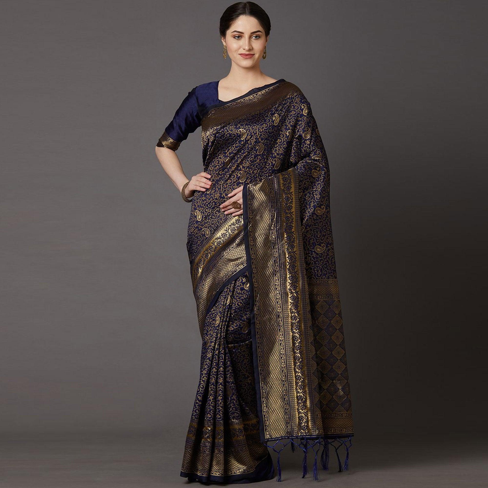 Captivating Navy Blue Colored Festive Wear Woven Silk Blend Saree - Peachmode