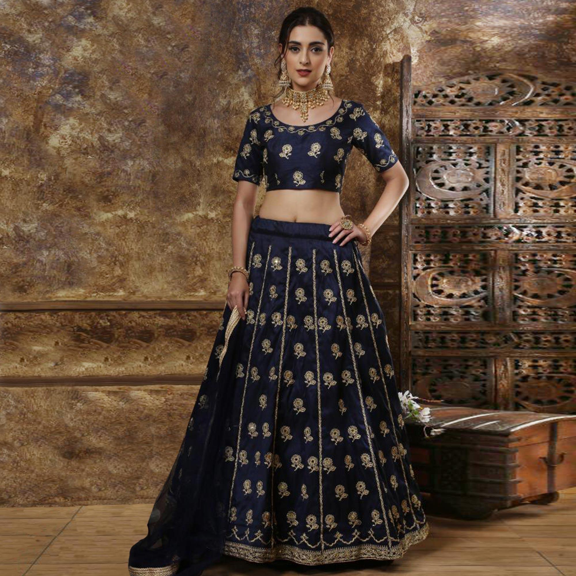 Captivating Navy Blue Colored Partywear Embroidered Silk Lehenga Choli - Peachmode