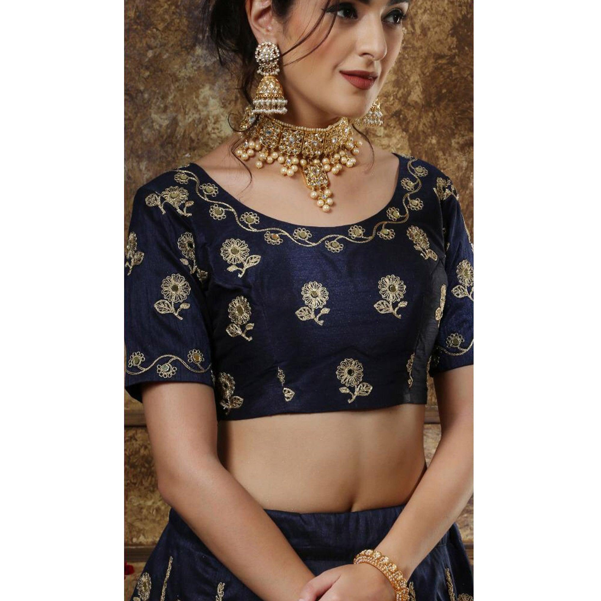 Captivating Navy Blue Colored Partywear Embroidered Silk Lehenga Choli - Peachmode