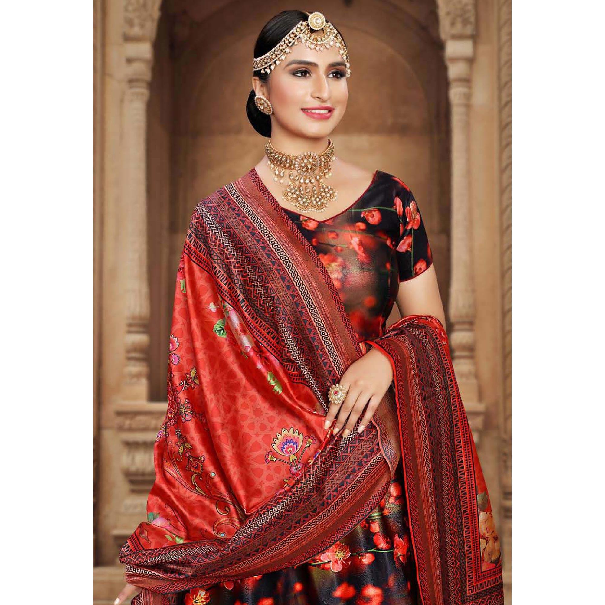 Captivating Navy Blue - Red Colored Wedding Wear Printed Art Silk Lehenga Choli - Peachmode