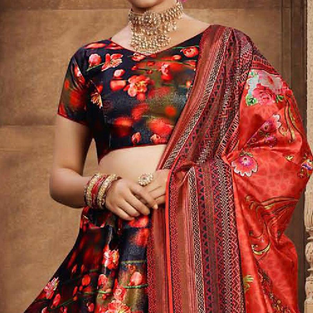 Captivating Navy Blue - Red Colored Wedding Wear Printed Art Silk Lehenga Choli - Peachmode
