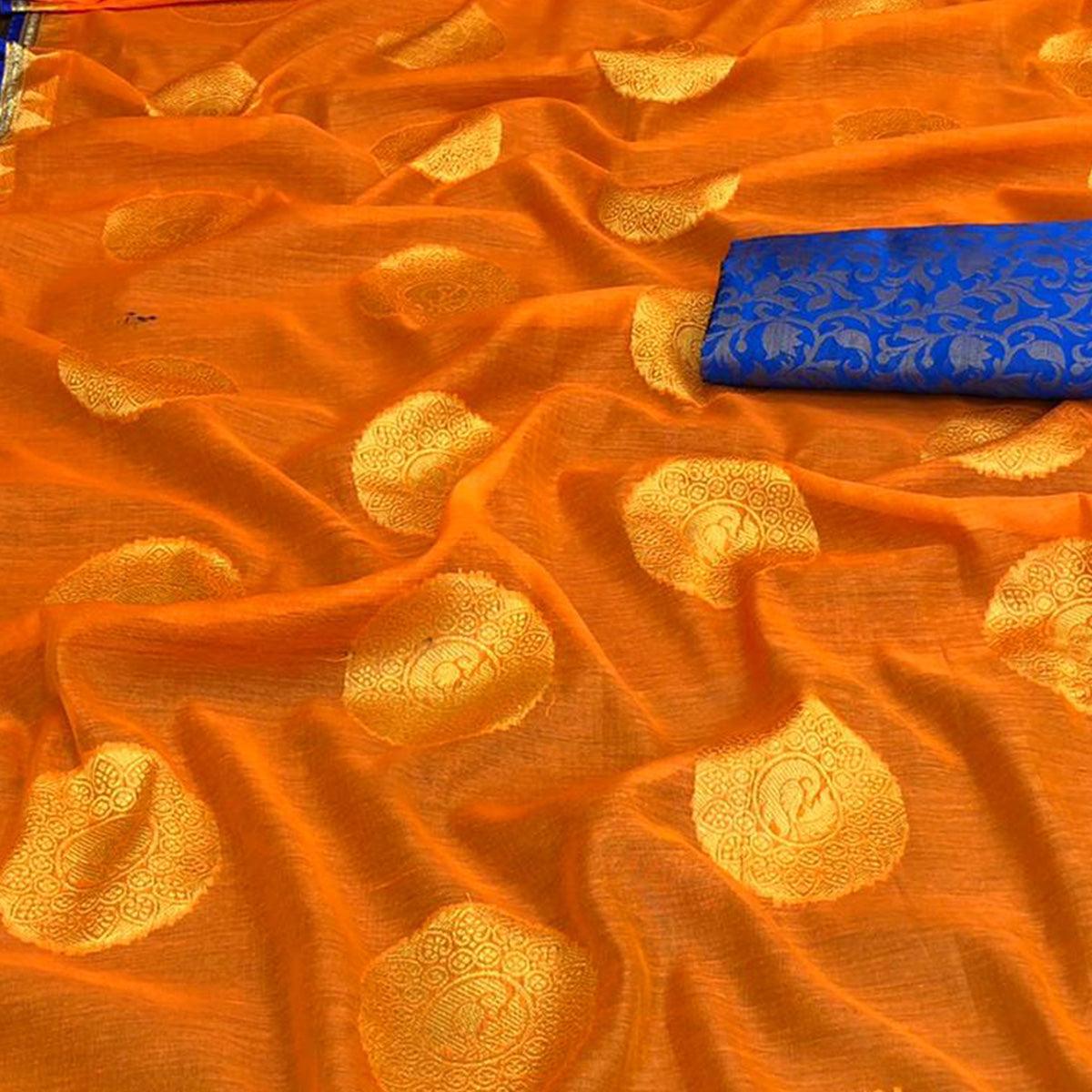 Captivating Orange Colored Festive Wear Woven Cotton Saree - Peachmode