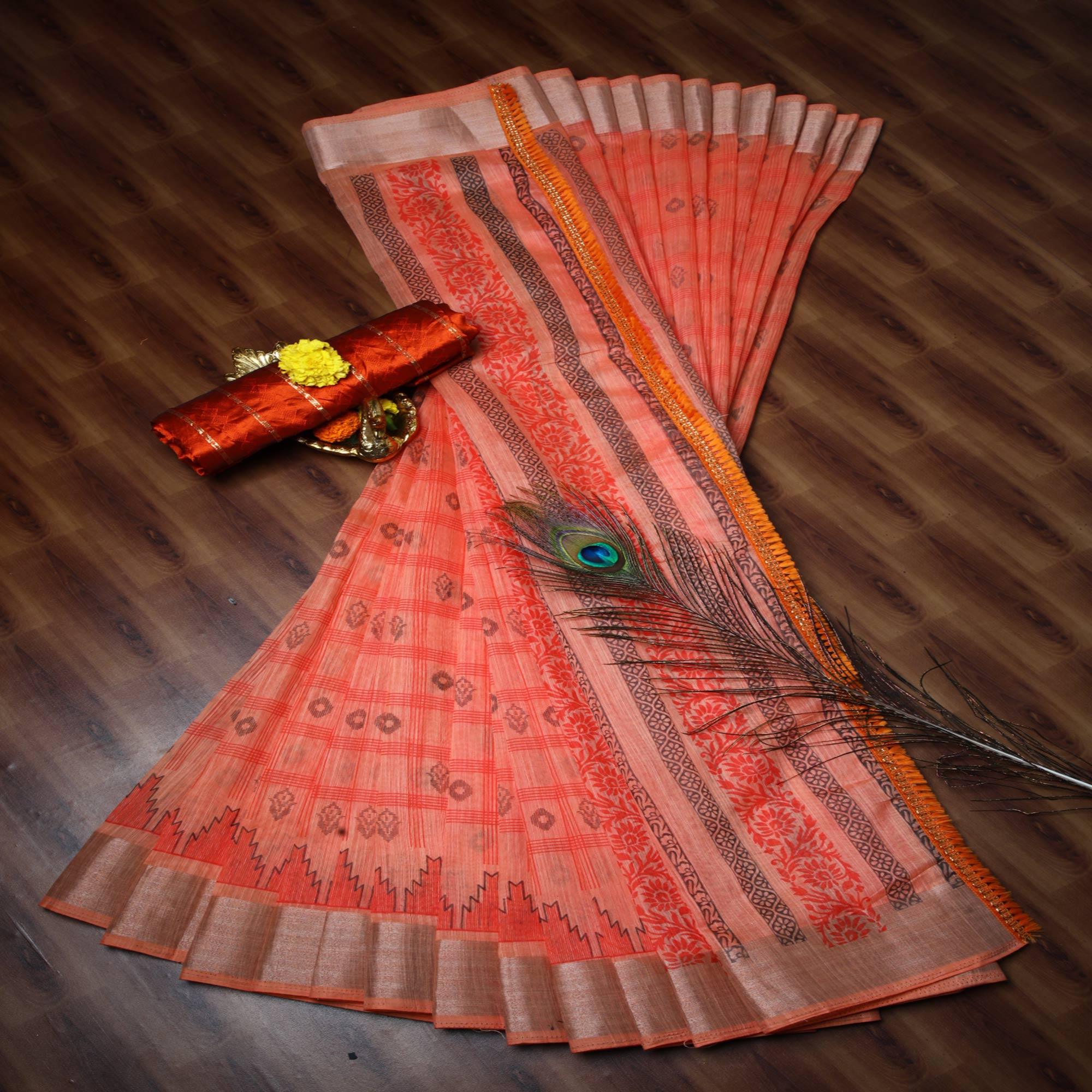 Captivating Peach Colored Casual Wear Printed Cotton Saree - Peachmode