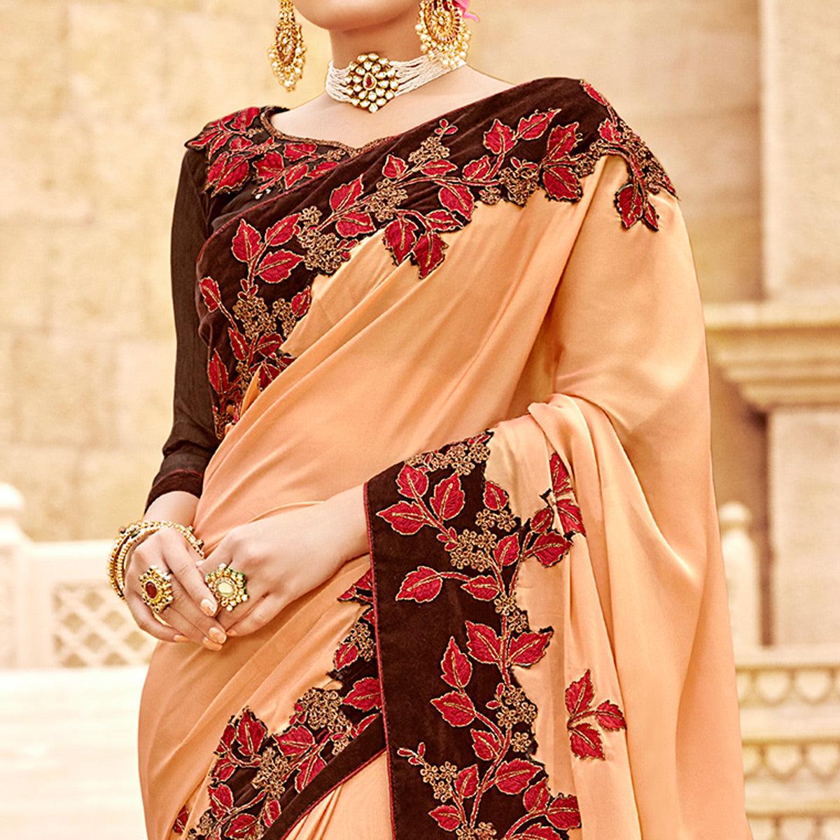 Captivating Peach Colored Party Wear Embroidered Satin-Georegtte Saree - Peachmode